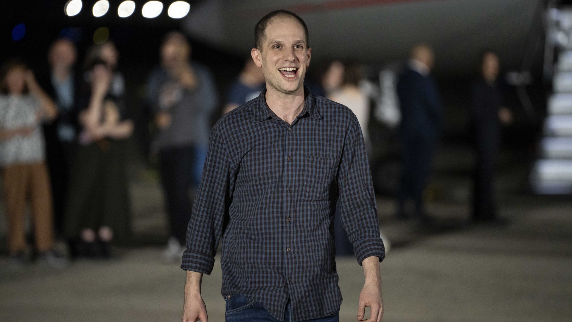 Evan Gershkovich is seen as he has returned to country after Turkiye's National Intelligence Organization (MIT) led a successful prisoner exchange involving seven countries, at the airport in Prince George's County, Maryland, United States on August 1, 2