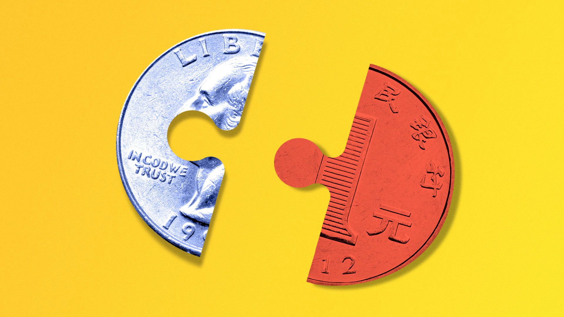 Illustration of a United States quarter puzzle piece and a Chinese Yuan puzzle piece