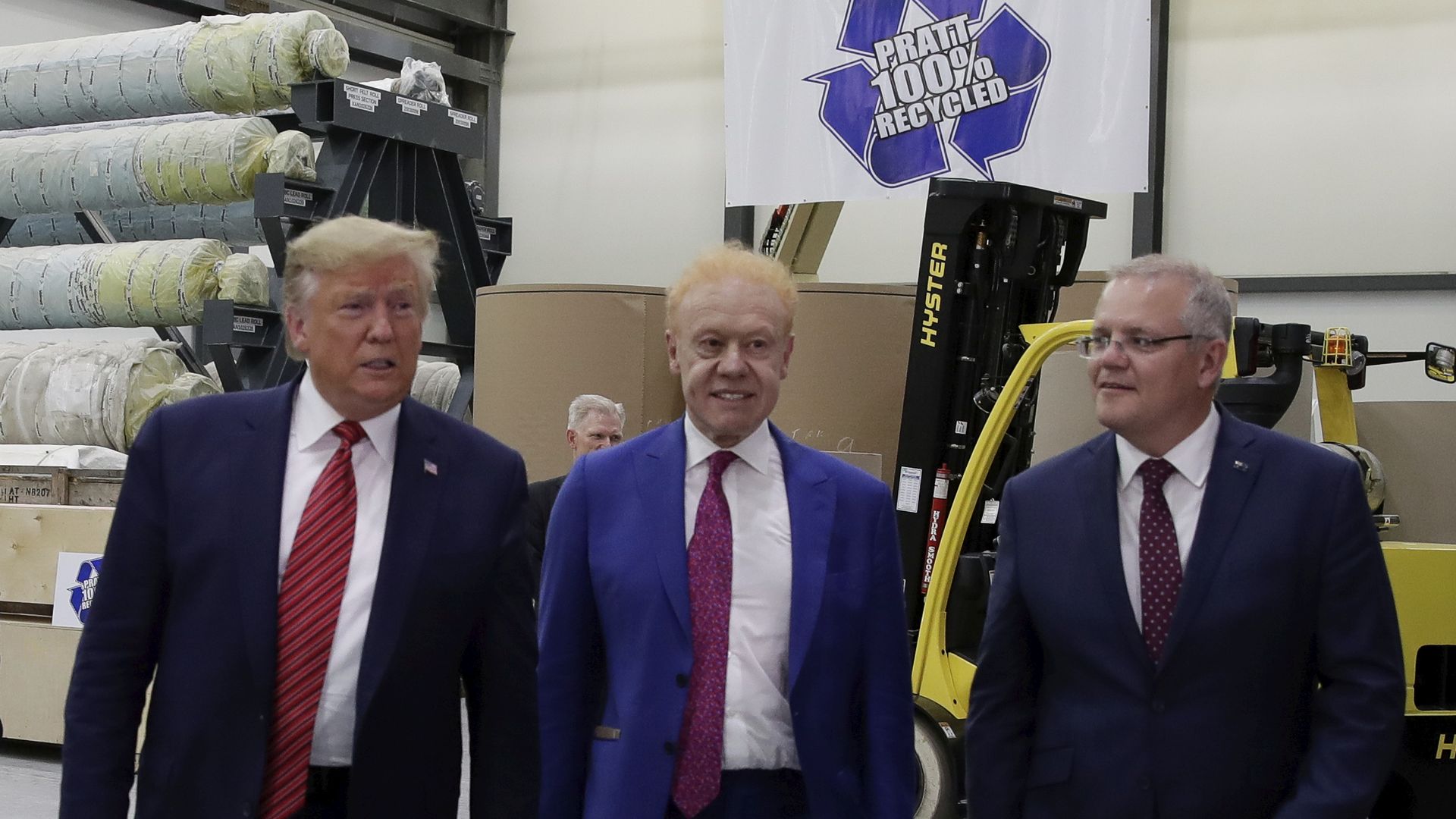 President Donald Trump, Australian businessman Anthony Pratt and Australian Prime Minister Scott open Pratt Industries Wapakoneta, a recycling and paper plant owned by Anthony Pratt in Wapakoneta, Ohio, September 22, 2019. 