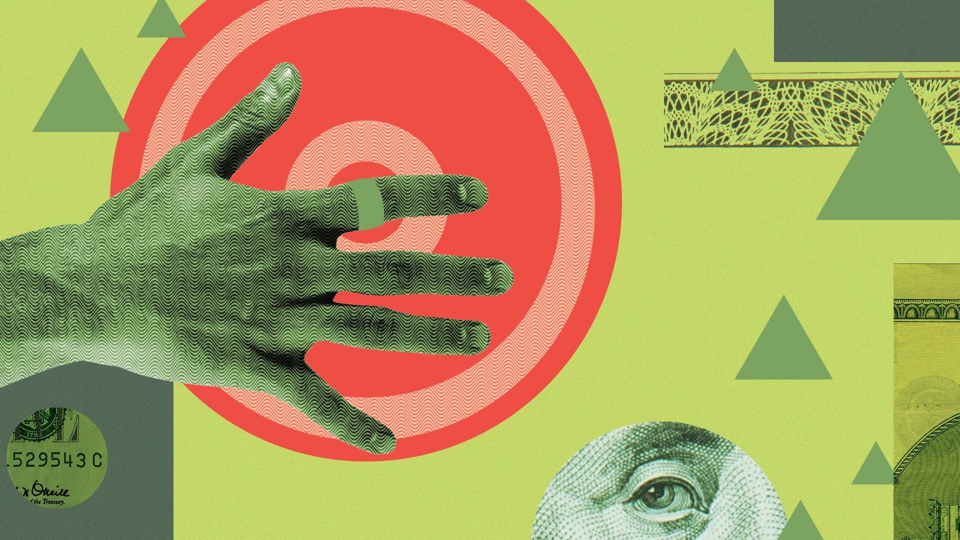 Illustration of a hand wearing a ring with radiating lines, surrounded by money and colorful shapes.