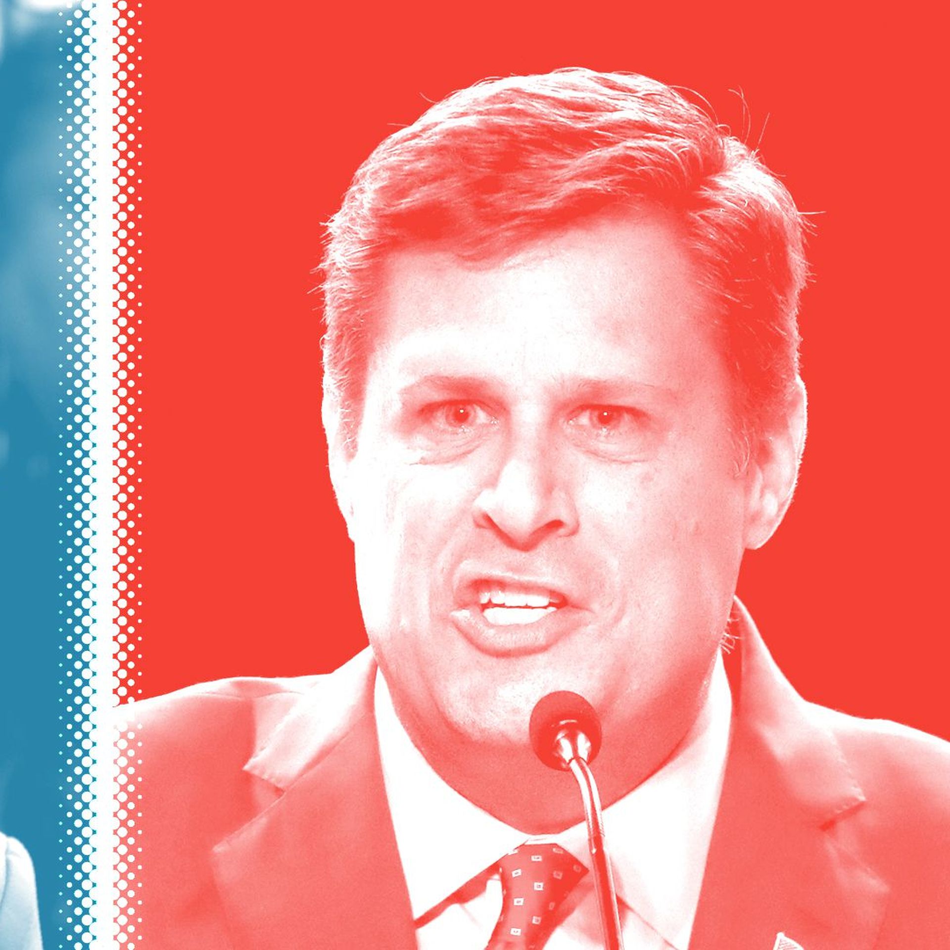 Photo illustration of Maura Healey tinted blue and Geoff Diehl tinted red separated by a white halftone divider.