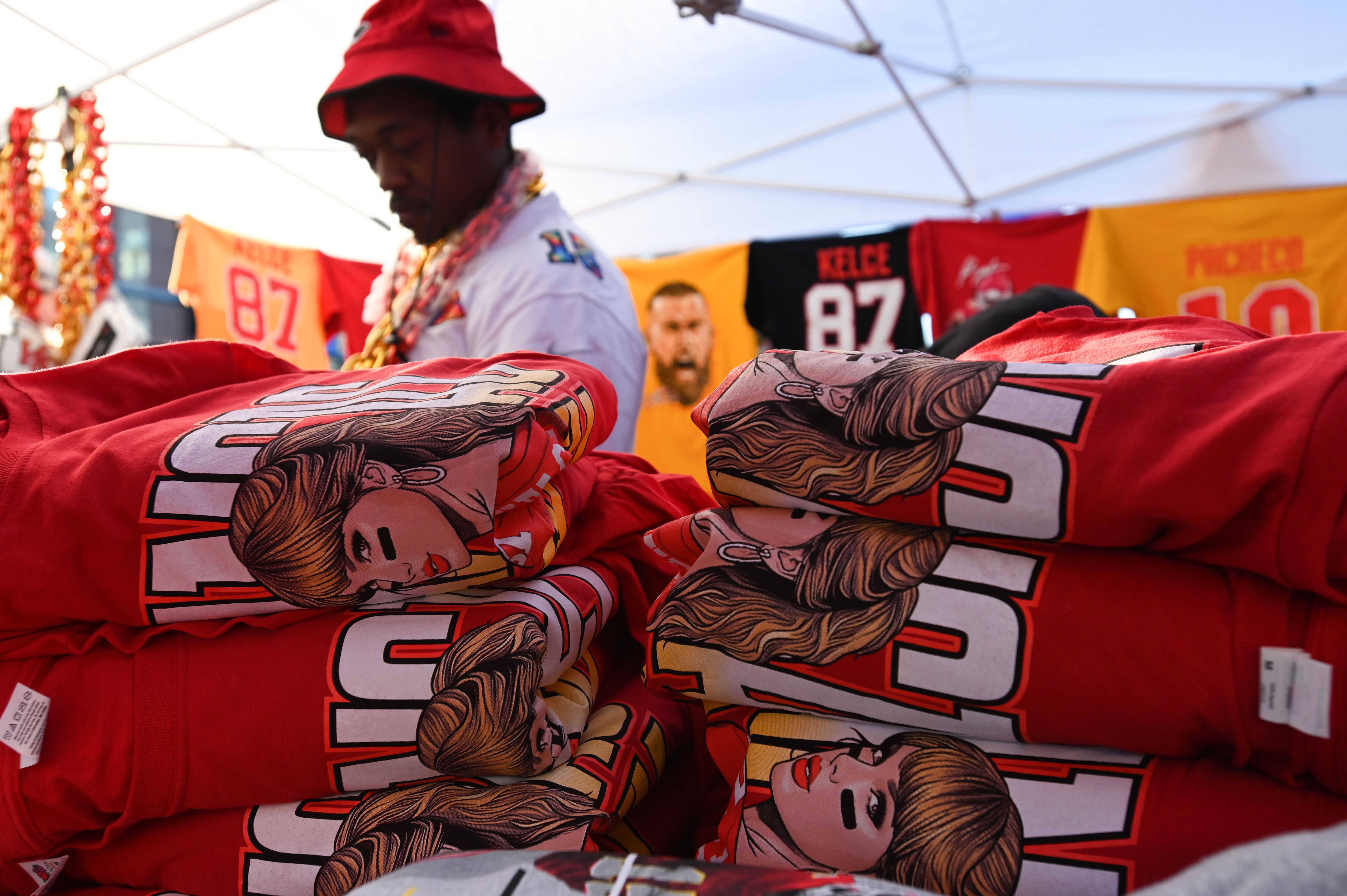KANSAS CITY, MISSOURI - FEBRUARY 14: A detailed view of clothing showing Taylor Swift is displayed during the Kansas City Chiefs Super Bowl LVIII victory parade on February 14, 2024 in Kansas City, Missouri.

