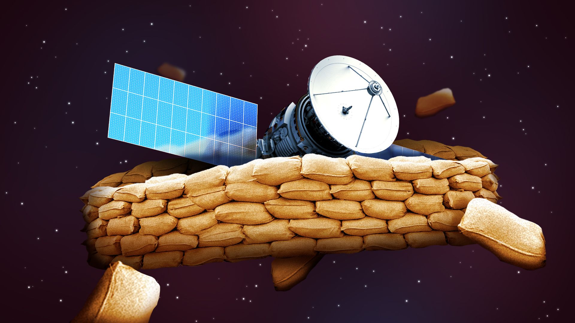 Illustration of a satellite surrounded by sandbags in space