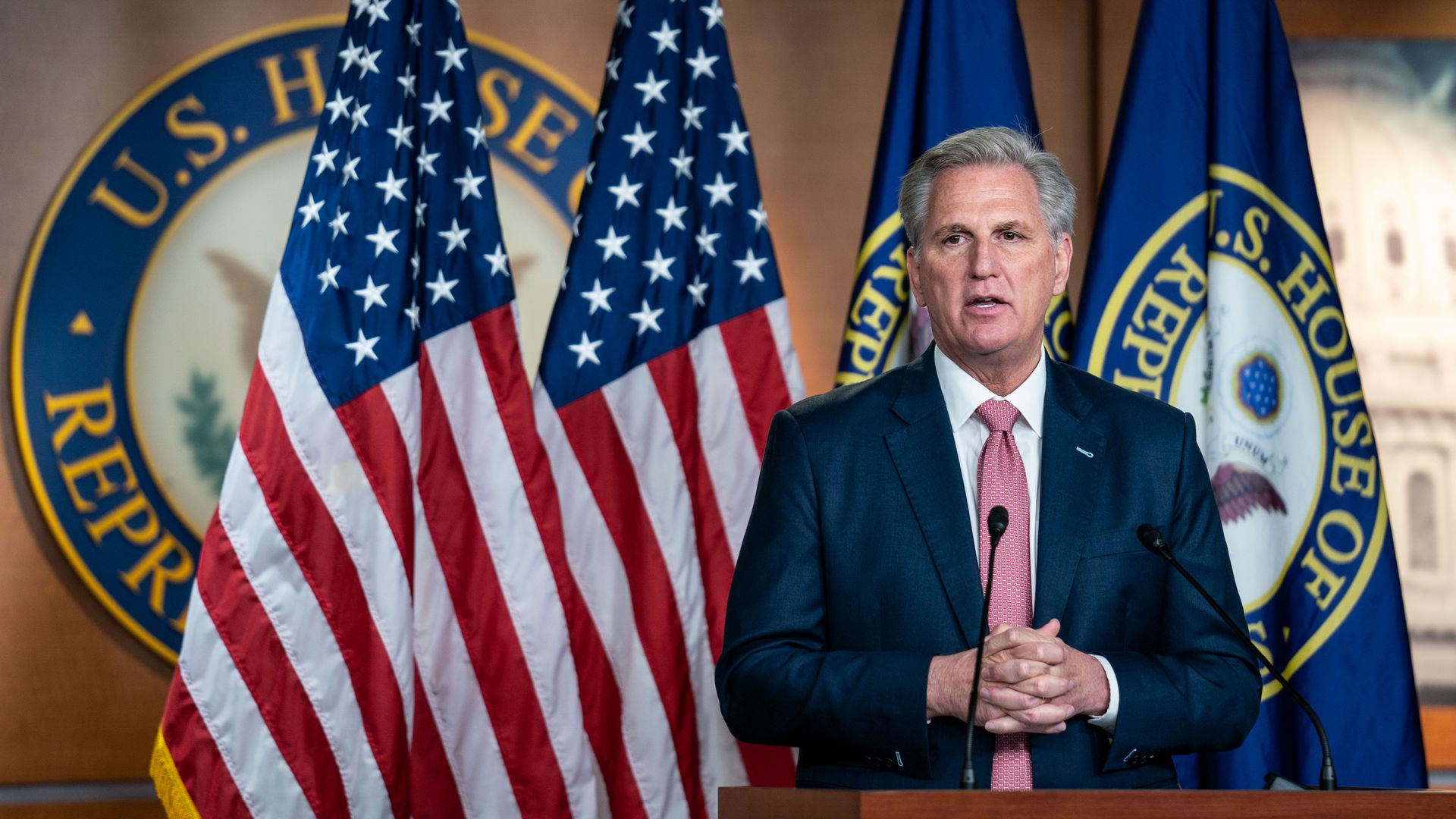 House Minority Leader Kevin McCarthy is seen speaking during his weekly news conference.