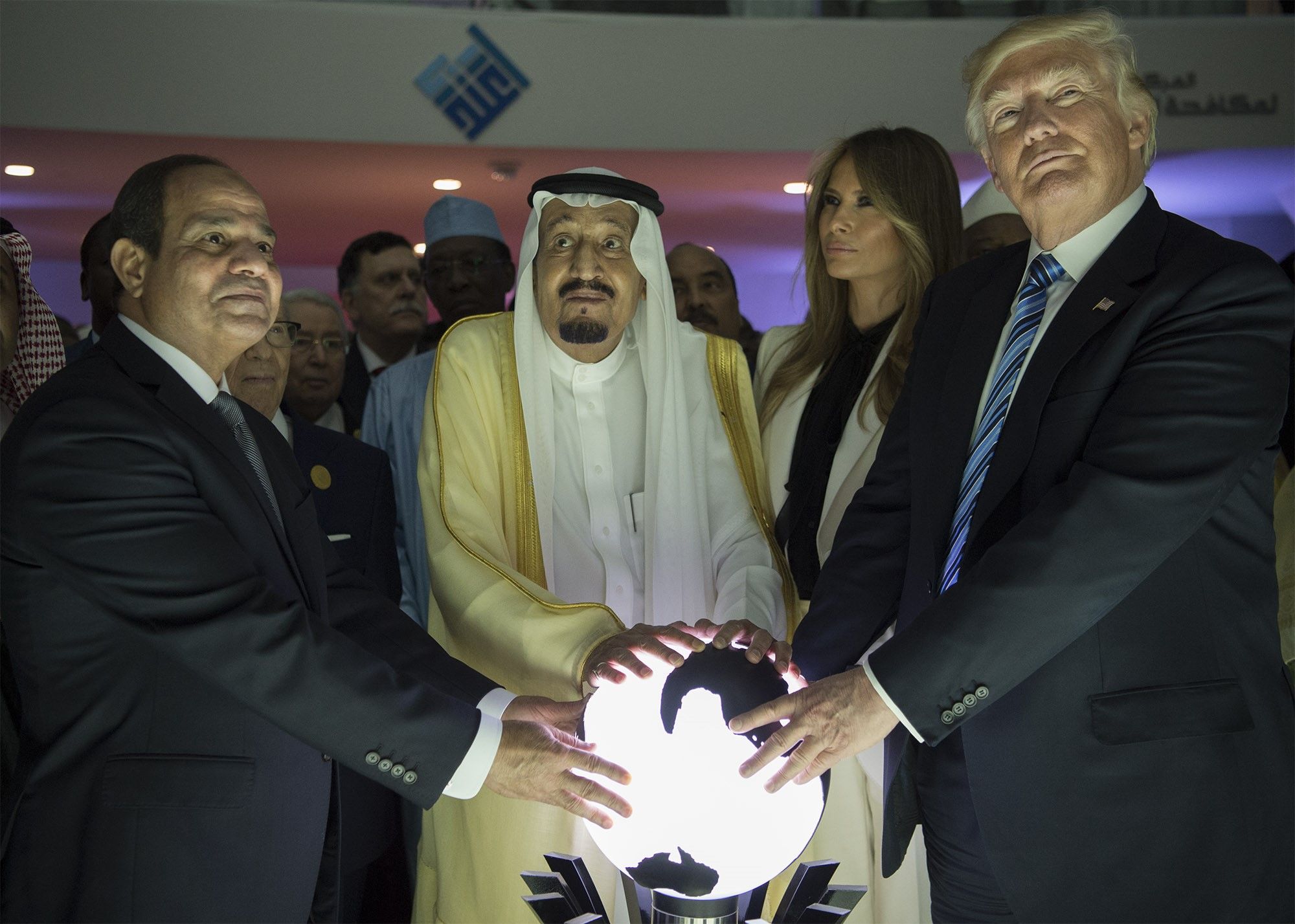 The famous "glowing orb" picture from President Trump's 2017 visit to Saudi Arabia.