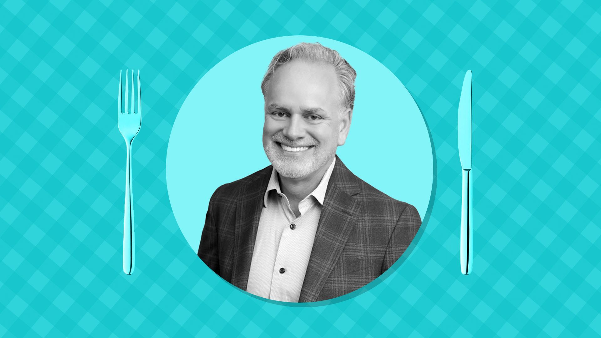 an illustration of Spartandash CEO Tony Sarsam on a gingham background surrounded by a fork and knife