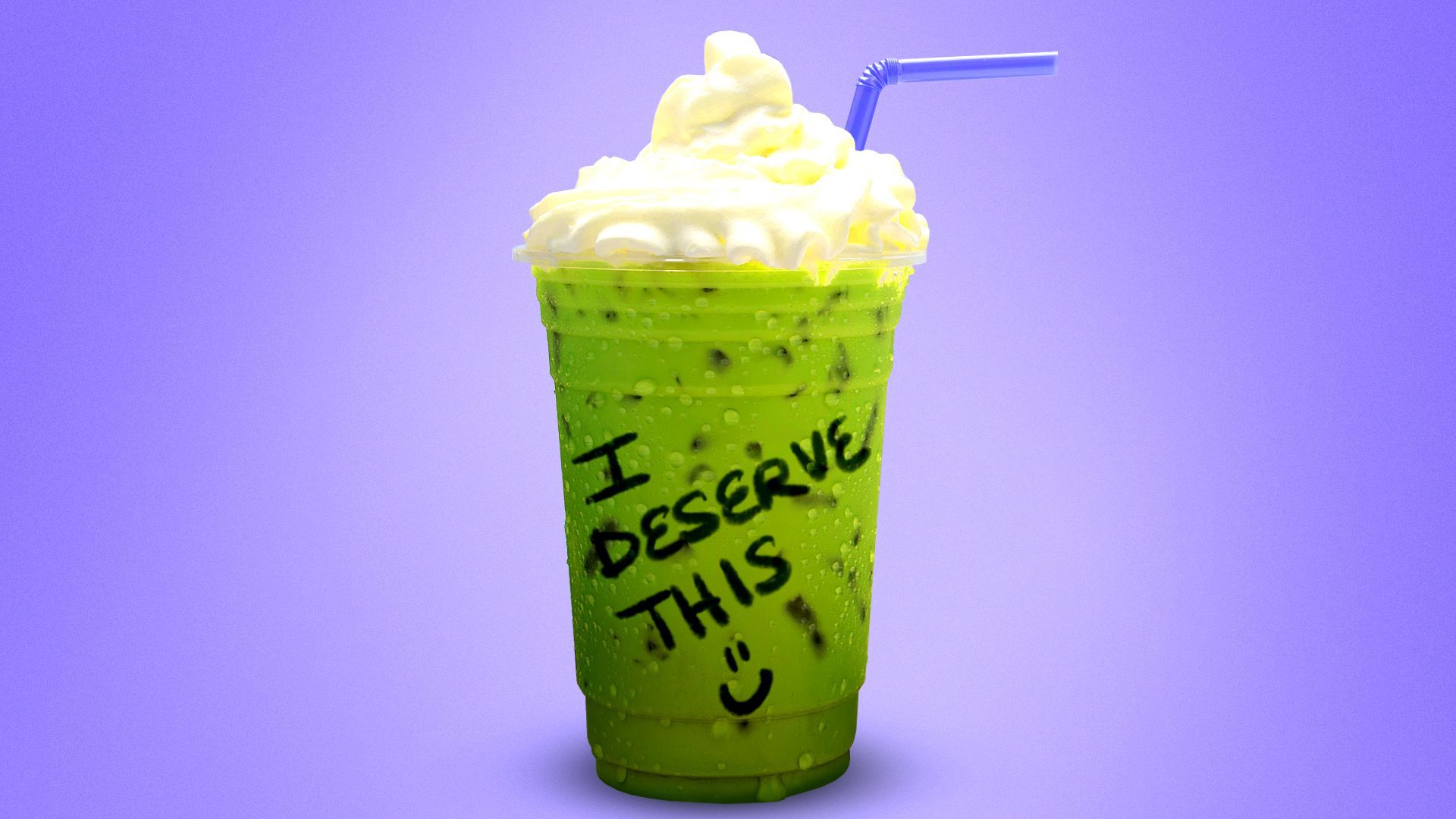 Illustration of a to-go cup of iced matcha latte with "I deserve this" written on the side.