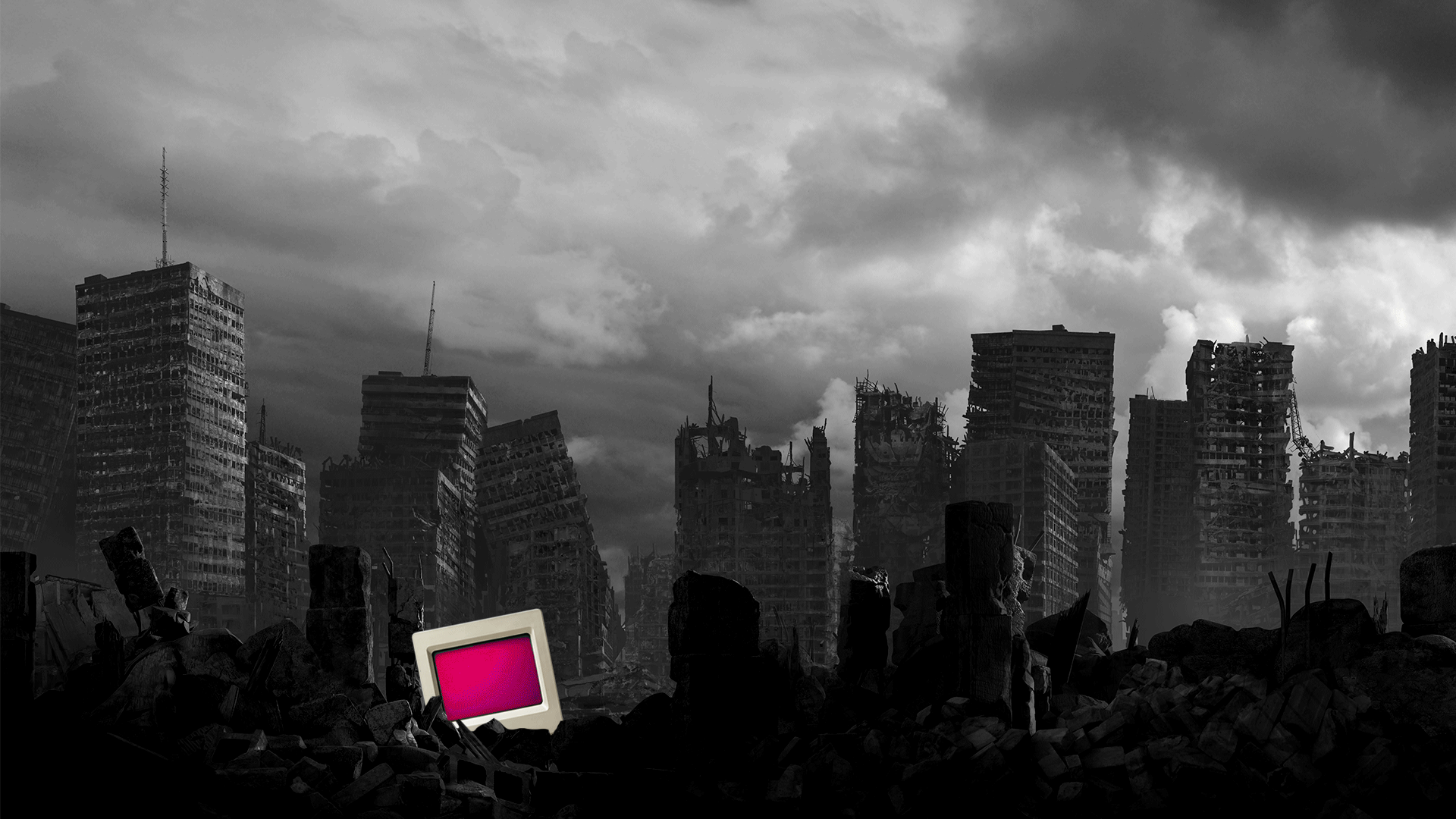 Illustration of a computer in an urban wasteland