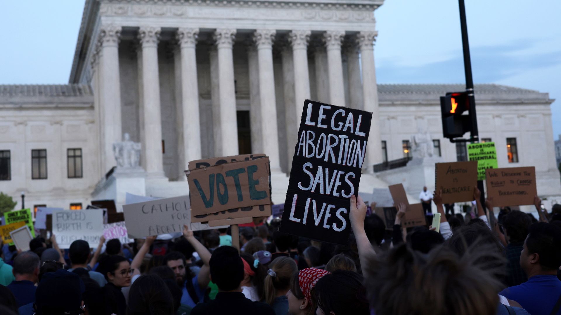  Pro-choice activists protest during a rally in front of the U.S. Supreme Court in response to the leaked Supreme Court draft decision to overturn Roe v. Wade May 3, 2022 in Washington, DC