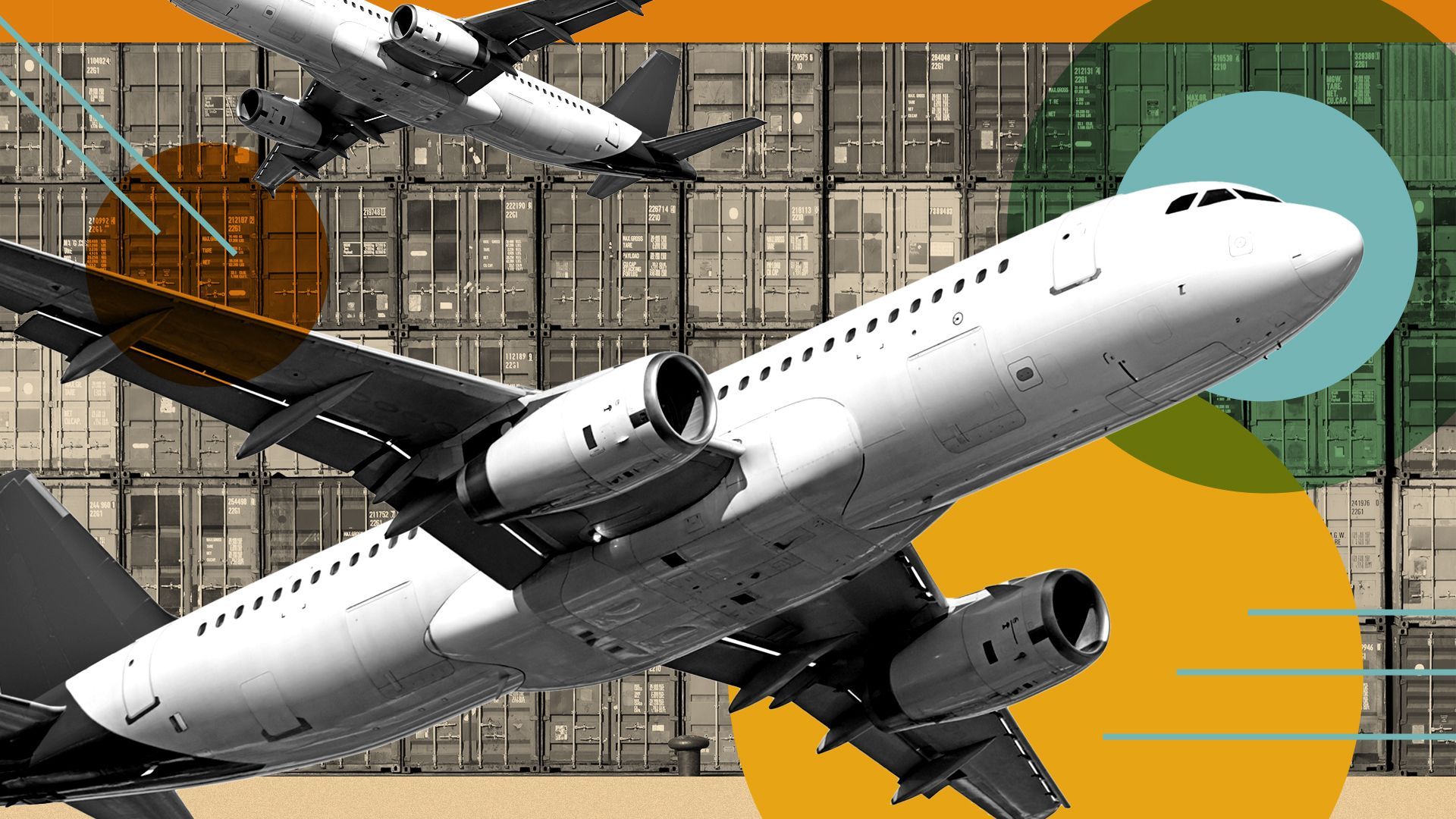 Illustrated collage of airplanes and shipping containers.