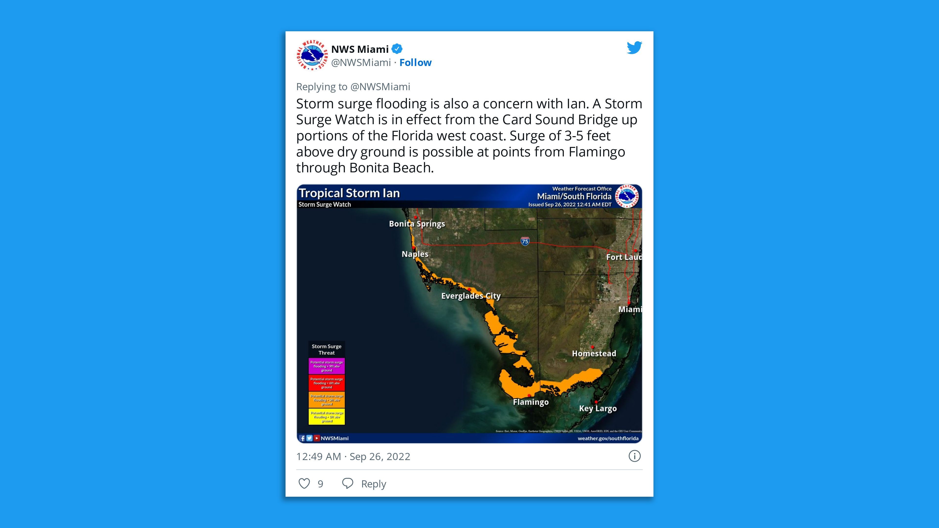An NWS tweet warning of storm surge flooding along Florida's coast from Tropical Storm Ian.