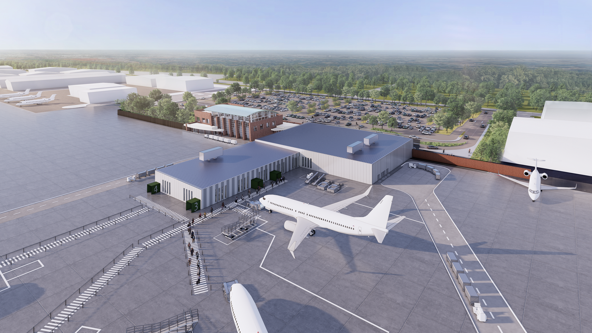 Rendering of a large white plane at an airport terminal