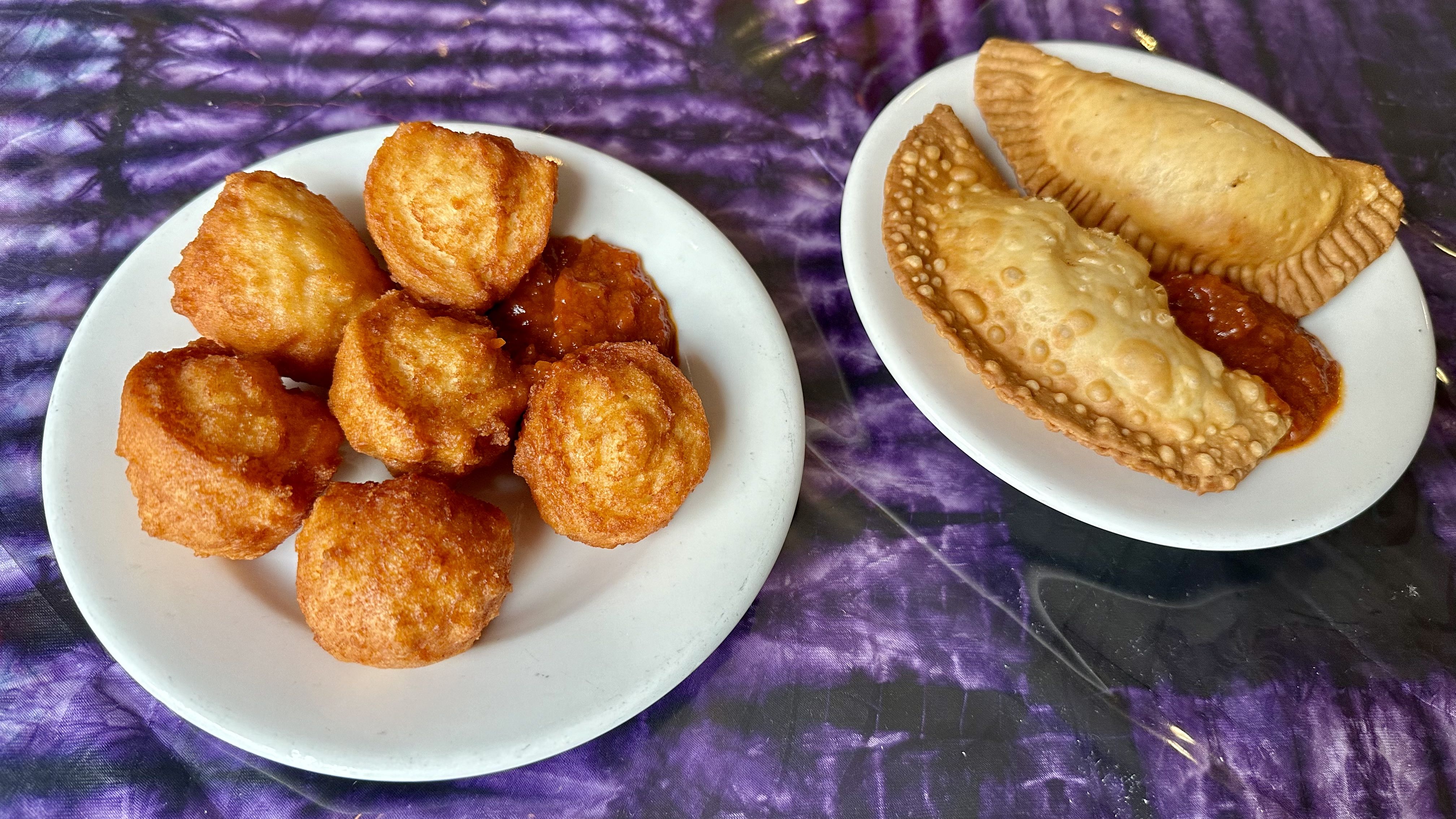Photo shows the black-eyed pea fritters and fish pie.