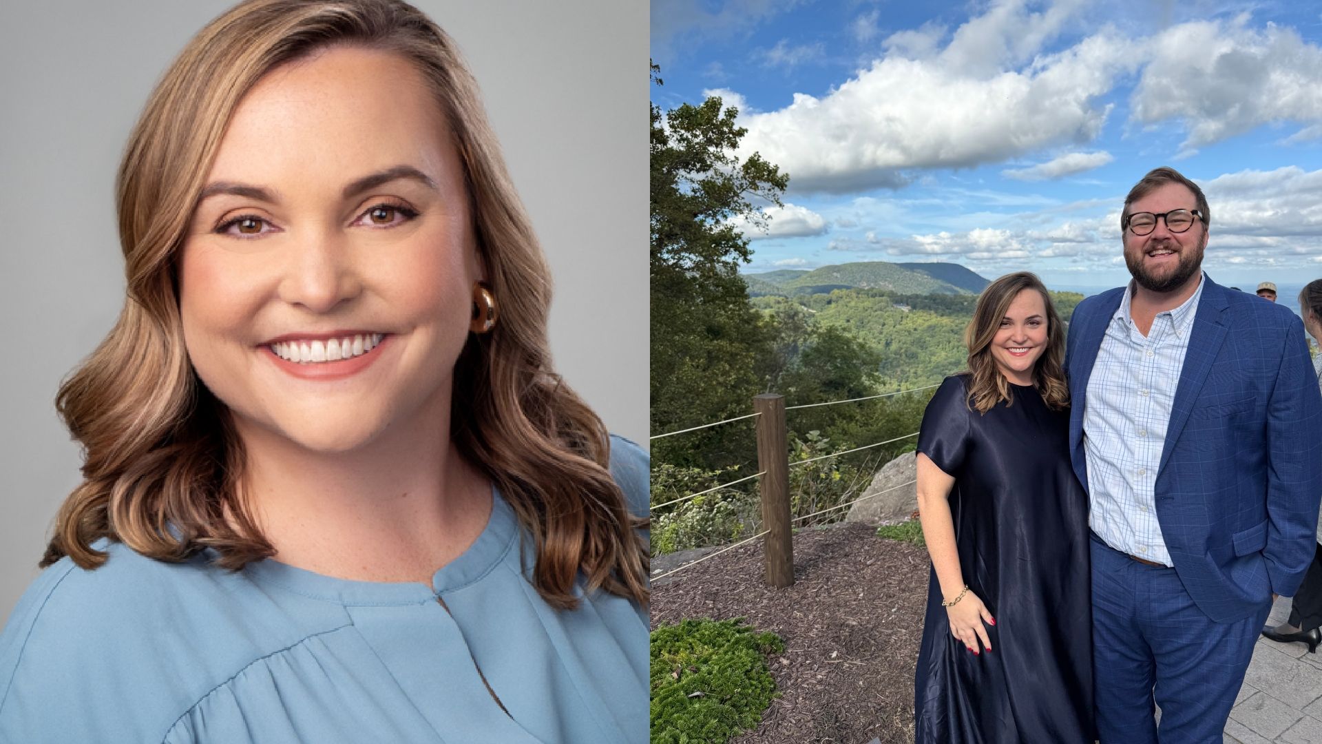 Split image: Left shows a woman with blonde wavy hair, gold hoop earrings, smiling, wearing a light blue top. Right shows the same woman in a black dress and a man in blue suit outdoors with a scenic mountain background.