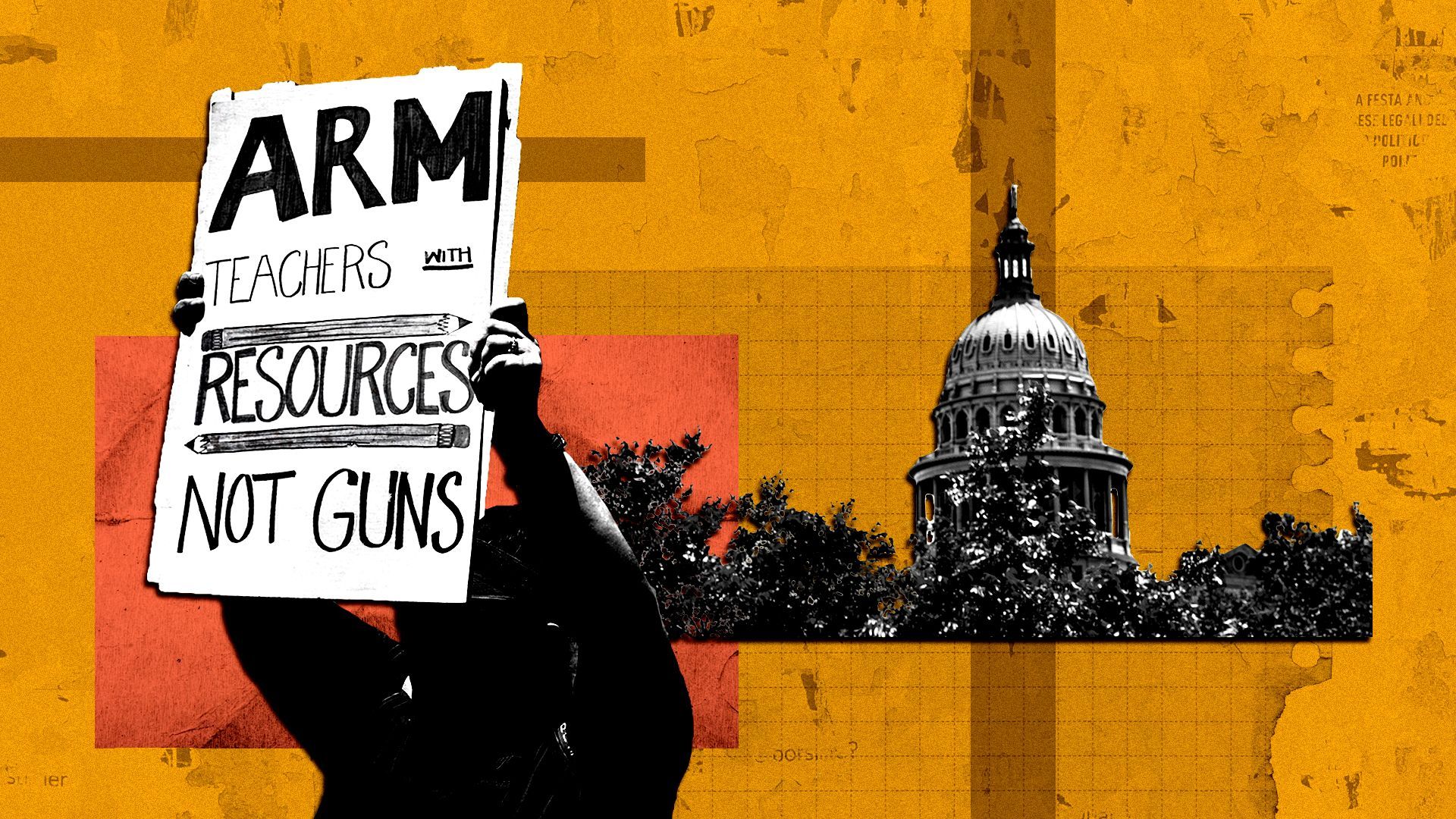 Photo illustration of a protester and the Texas State Capitol set against a background collage of torn paper and various shapes