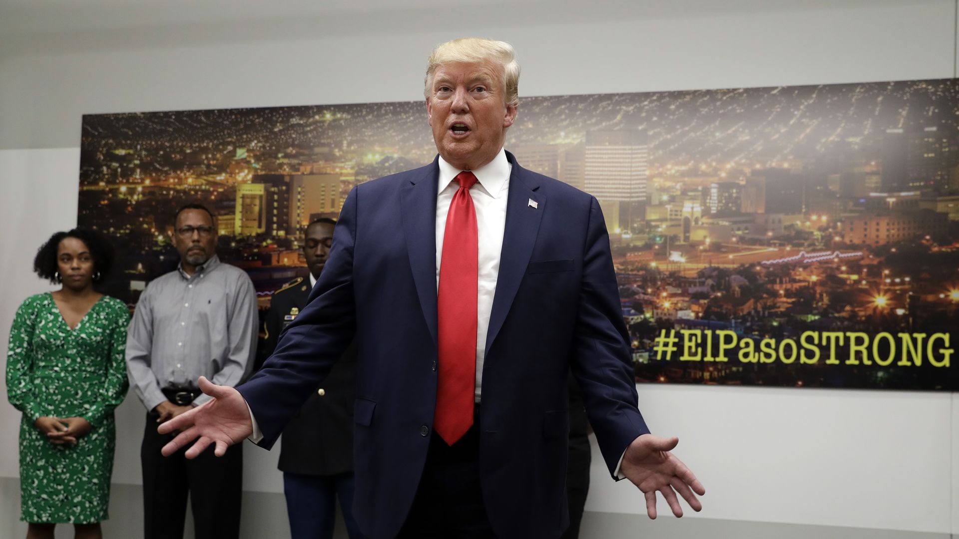 President Trump speaks to the media as he visits the emergency operations center in El Paso. 