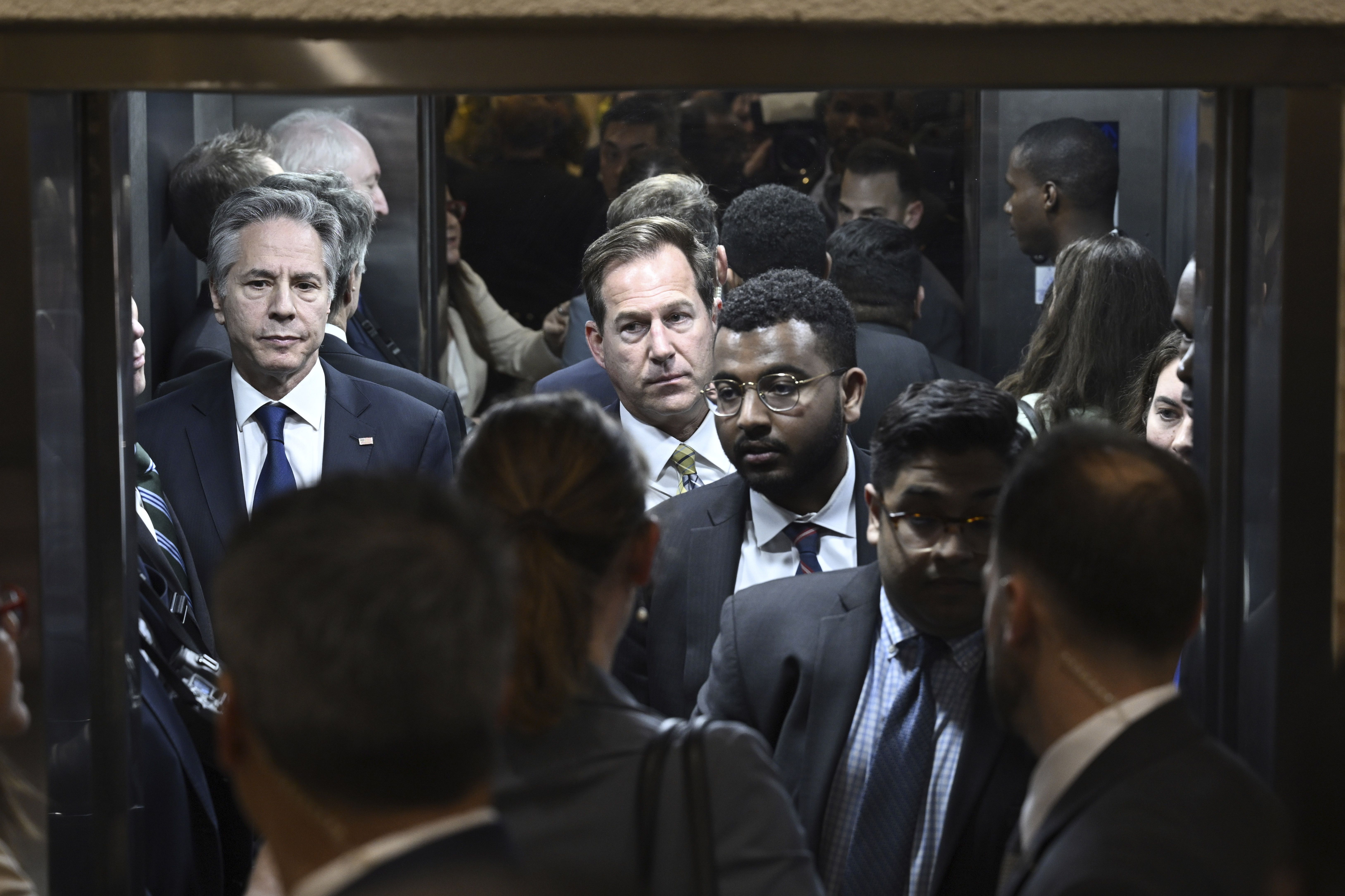 Secretary of State Tony Blinken waits in an elevator before a meeting on Haiti in Kingston, Jamaica, last week.