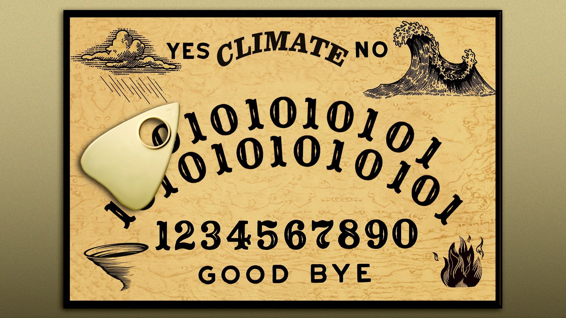 Illustration of a climate-themed Ouija board with binary code in place of the alphabet and extreme weather illustrations in the corners of the board
