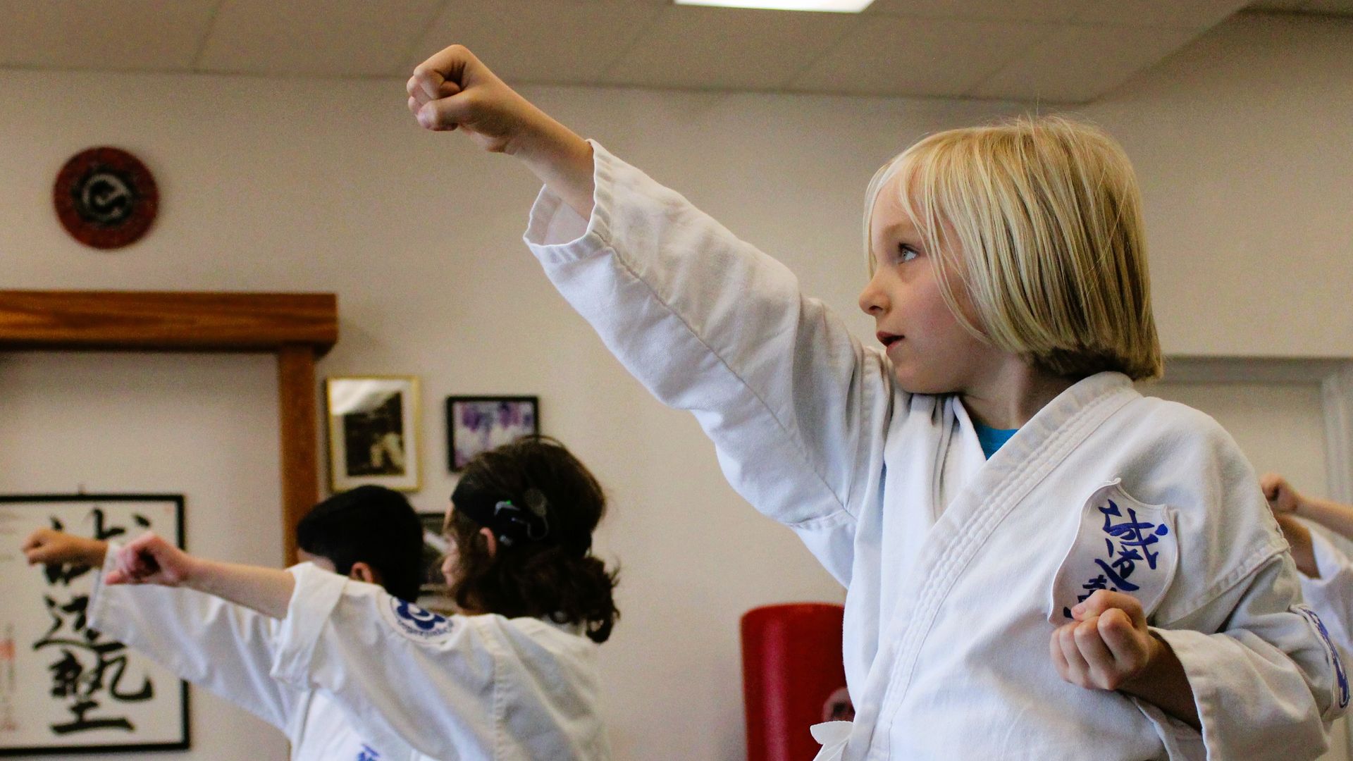 A child practices karate moves.