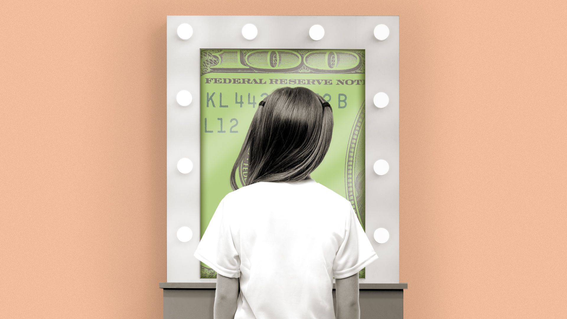 Illustration of a kid looking at themselves in a vanity that has a hundred dollar bill as a mirror.