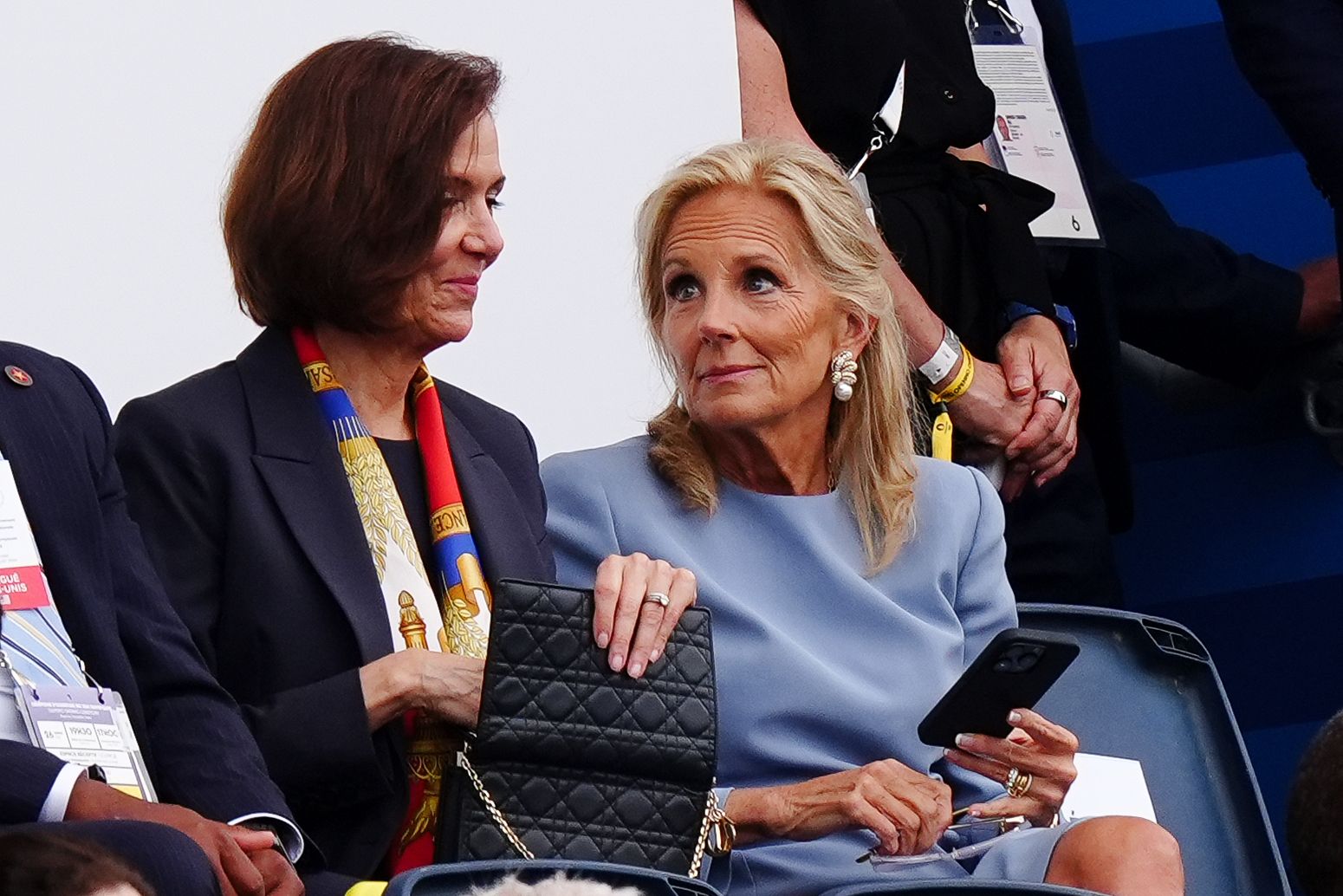 US First Lady Jill Biden (right) during the opening ceremony of the Paris 2024 Olympic Games at the Trocadero in Paris, in France. Picture date: Friday July 26, 2024. (Photo by Mike Egerton/PA Images via Getty Images)