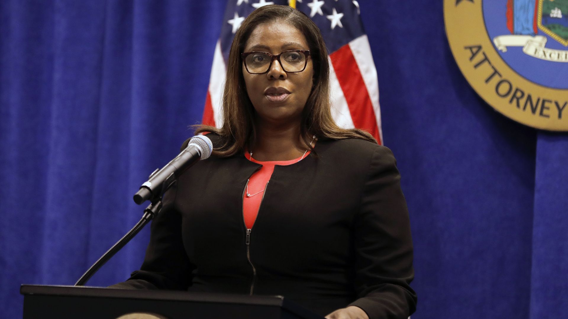 New York Attorney General Letitia James is seen speaking during a news conference.
