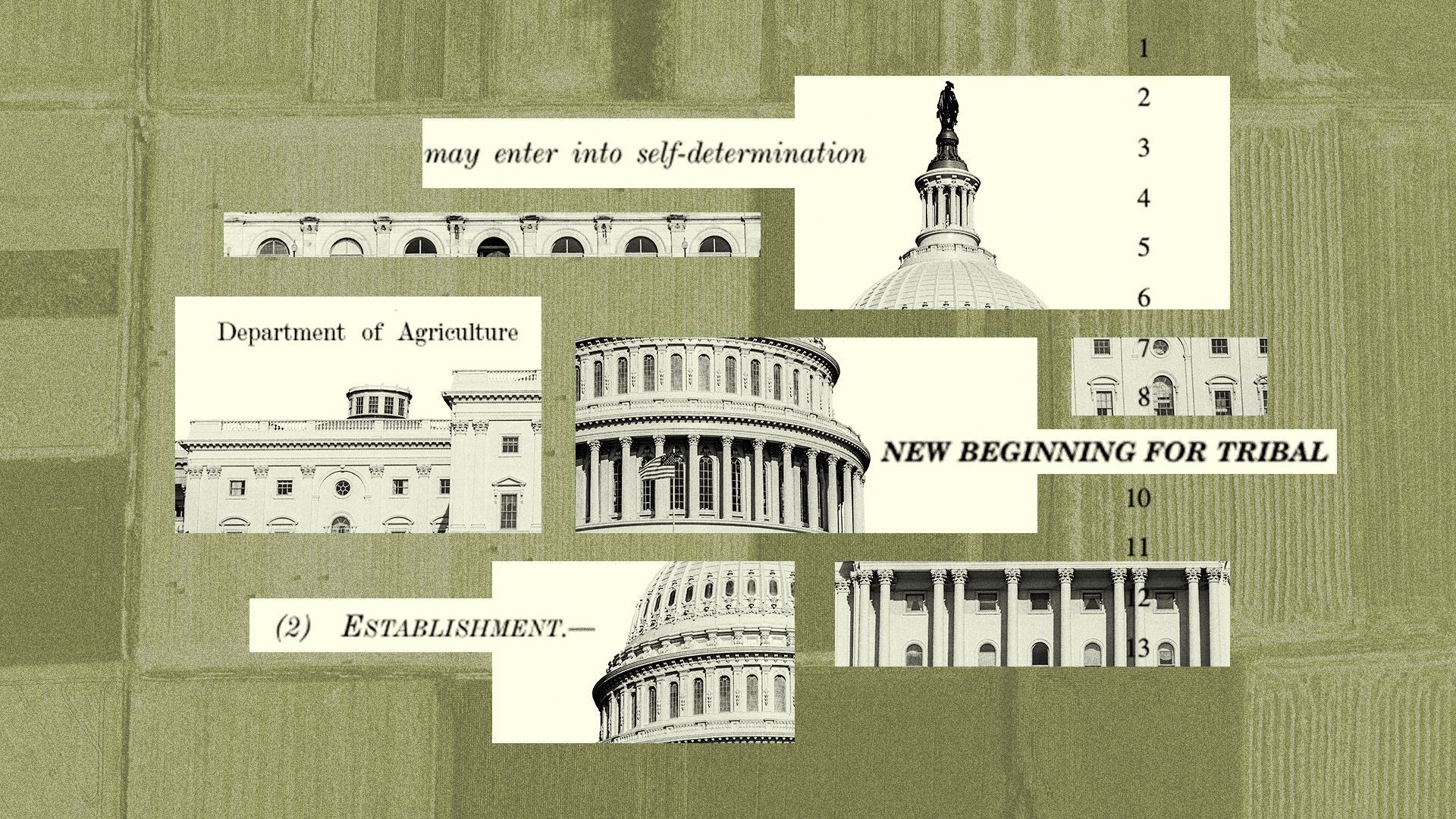 Illustration of fragments of the US Capitol, the 2018 farm bill and an aerial view of farmland.