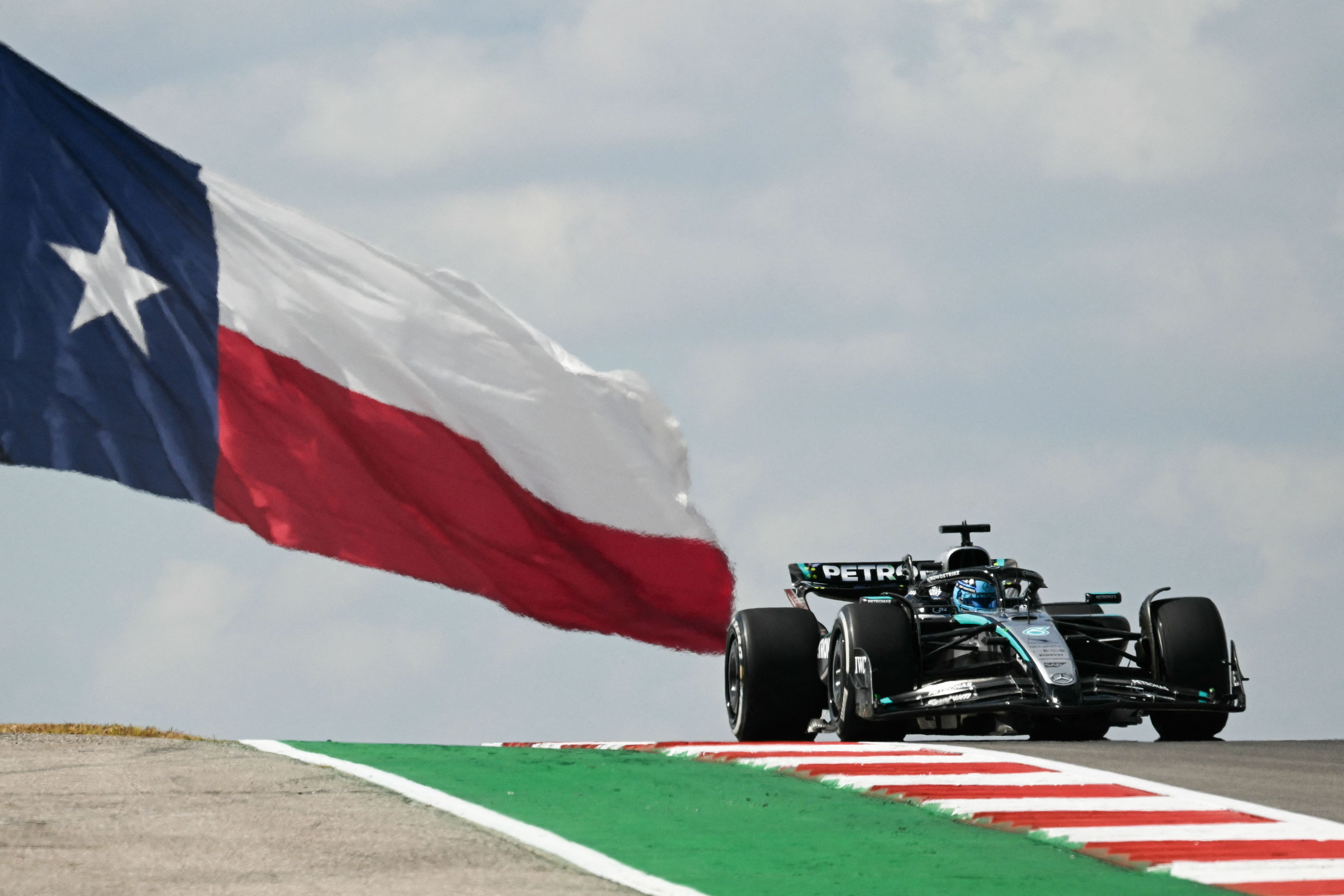 Mercedes' British driver George Russell races during the practice session for the United States Formula One Grand Prix at the Circuit of the Americas in Austin, Texas, on October 17, 2025. (Photo by RONALDO SCHEMIDT / AFP) (Photo by RONALDO SCHEMIDT/AFP via Getty Images)
