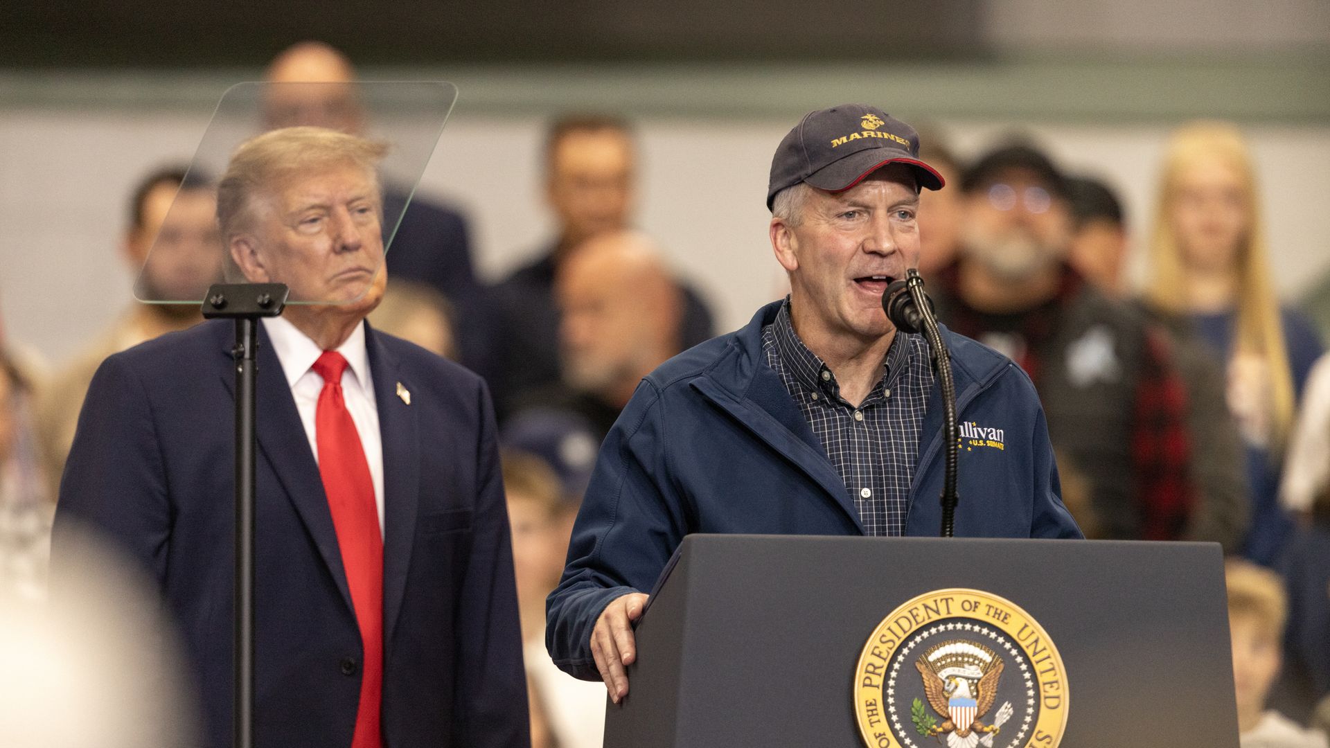 President Donald Trump, left, and Senator Dan Sullivan, a Republican from Alaska, during a campaign event in Wasilla, Alaska, US, on Tuesday, Oct. 13, 2026.