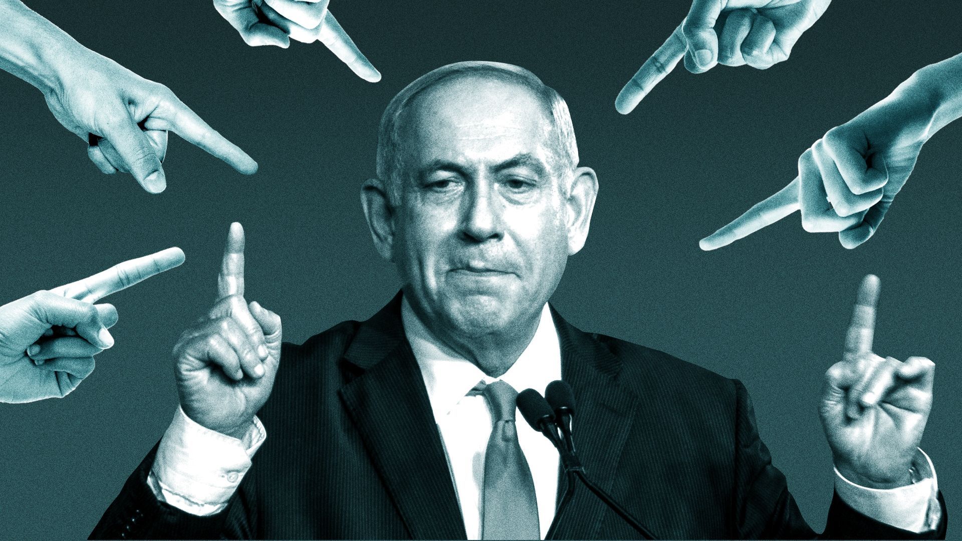 Photo illustration of Benjamin Netanyahu pointing both of his index fingers at other hands pointing at him.
