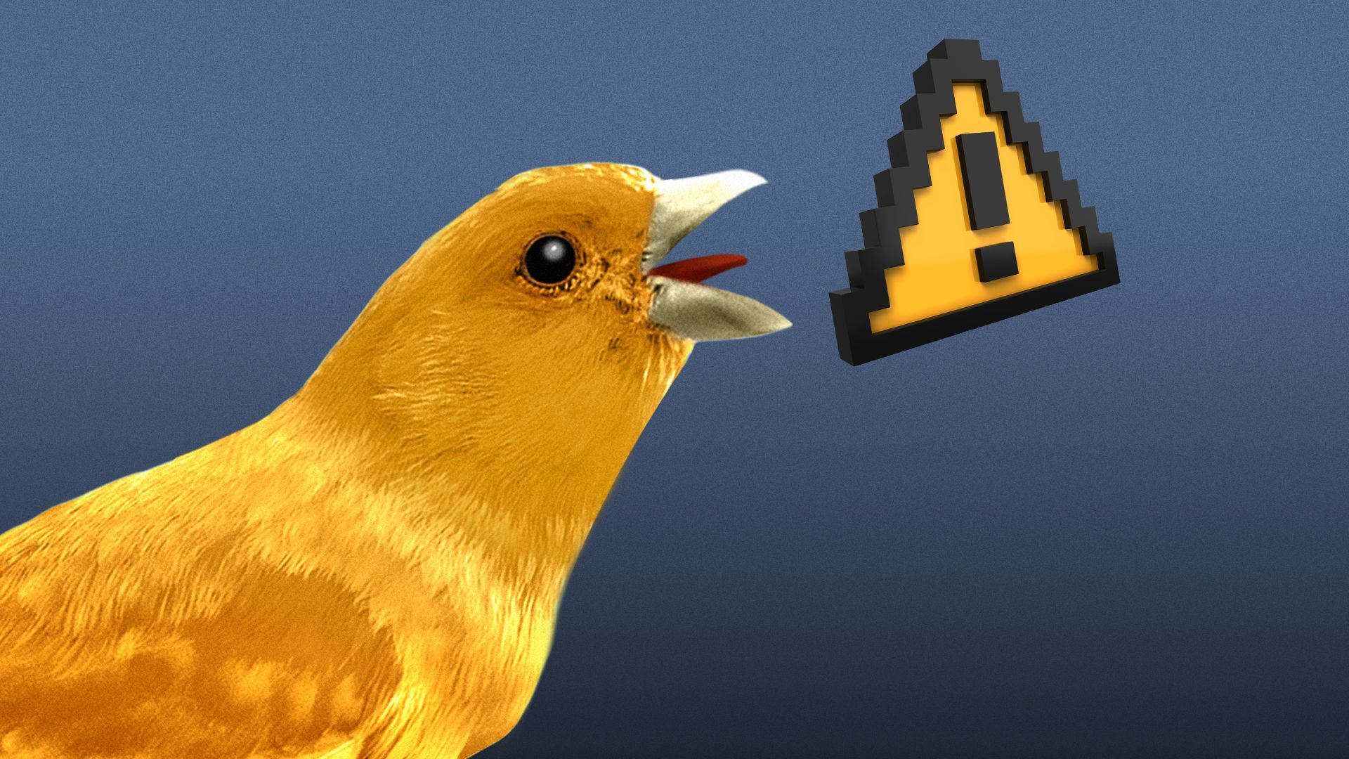Illustration of a canary with its beak open next to an exclamation mark caution sign.