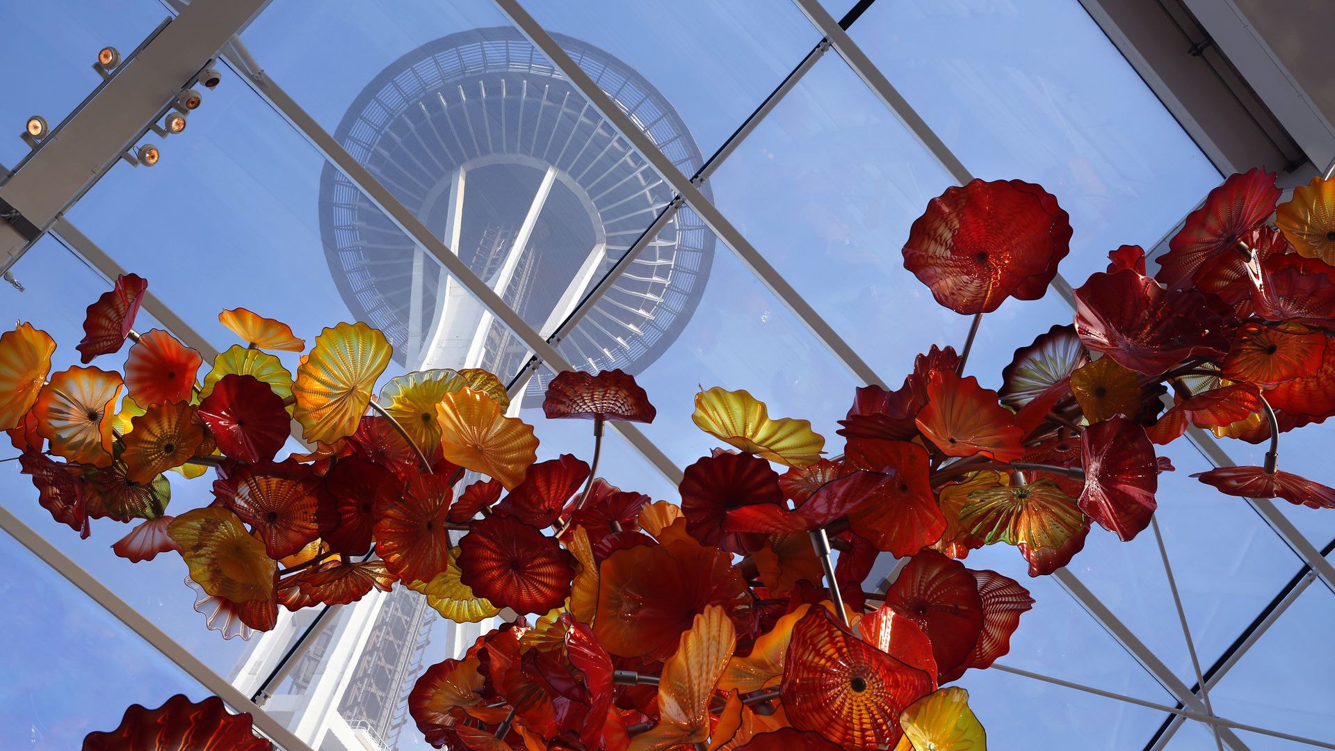 Red, orange and gold glass art flowers against a glass ceiling with the Space Needle above. 