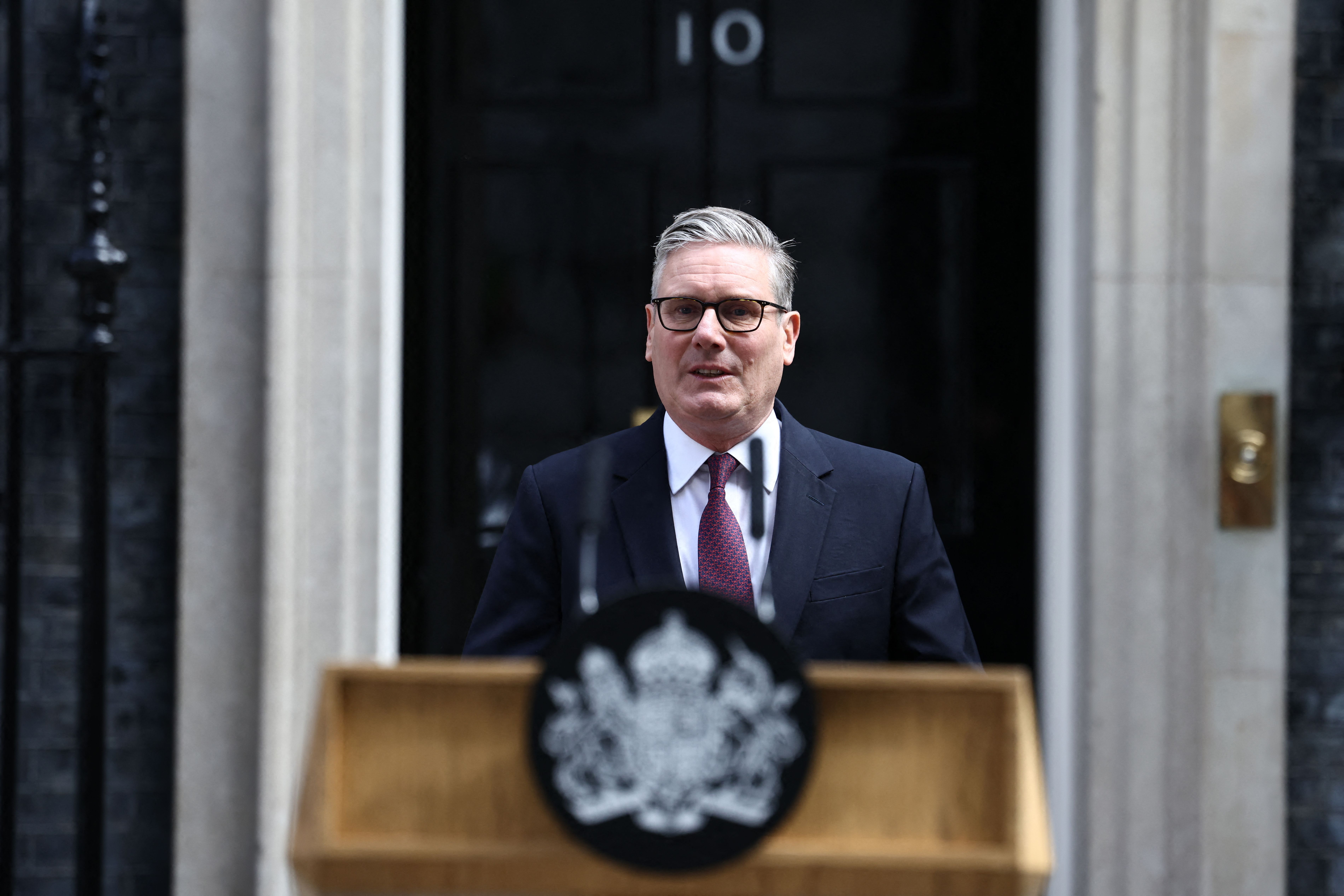 Prime Minister Keir Starmer speaks outside 10 Downing Street in London after announcing plans to step down as U.K. prime minister.