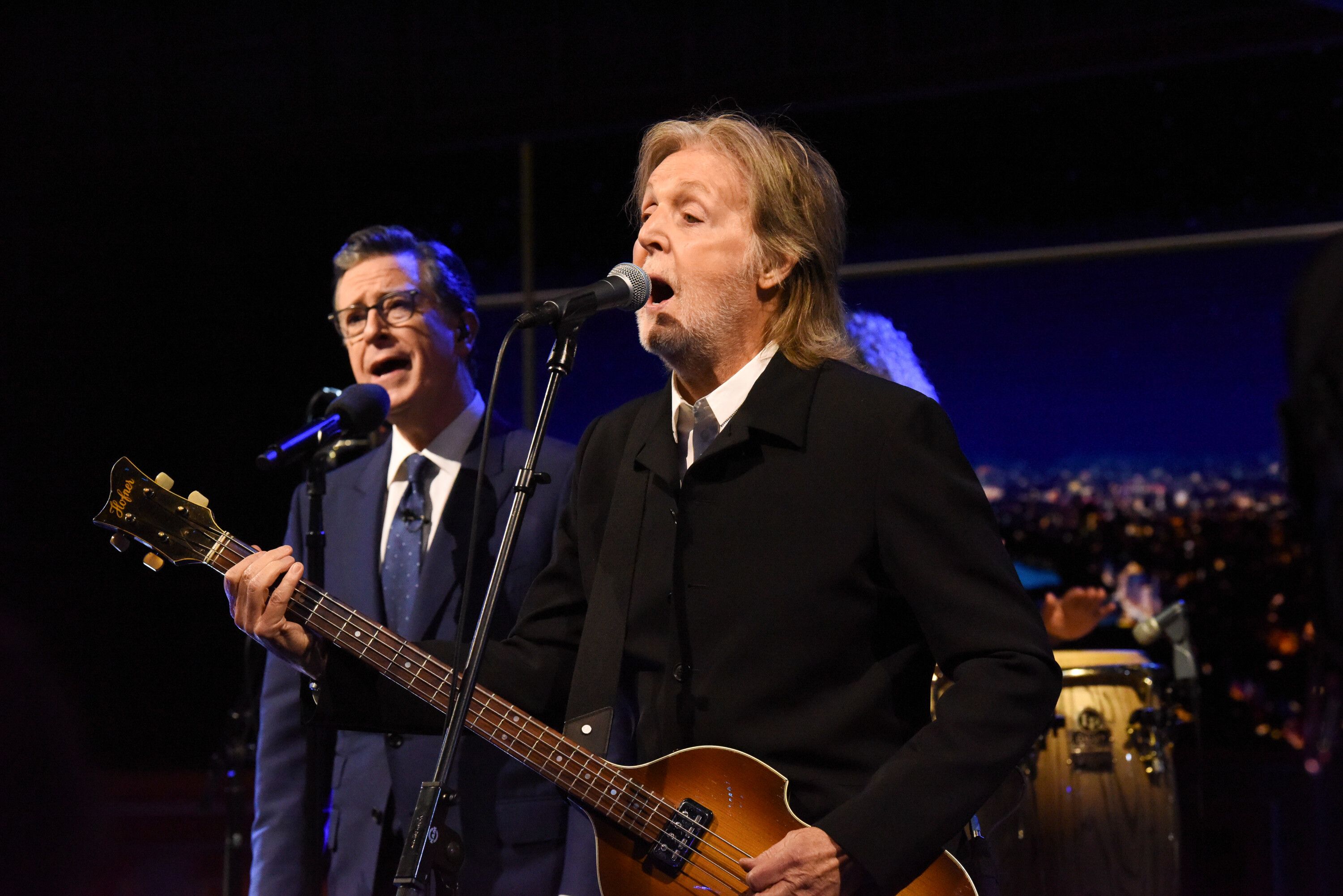 The Late Show with Stephen Colbert and musical guest Paul McCartney during Thursday's May 21, 2026 show. Photo: Scott Kowalchyk ©2026 CBS Broadcasting Inc. All Rights Reserved.