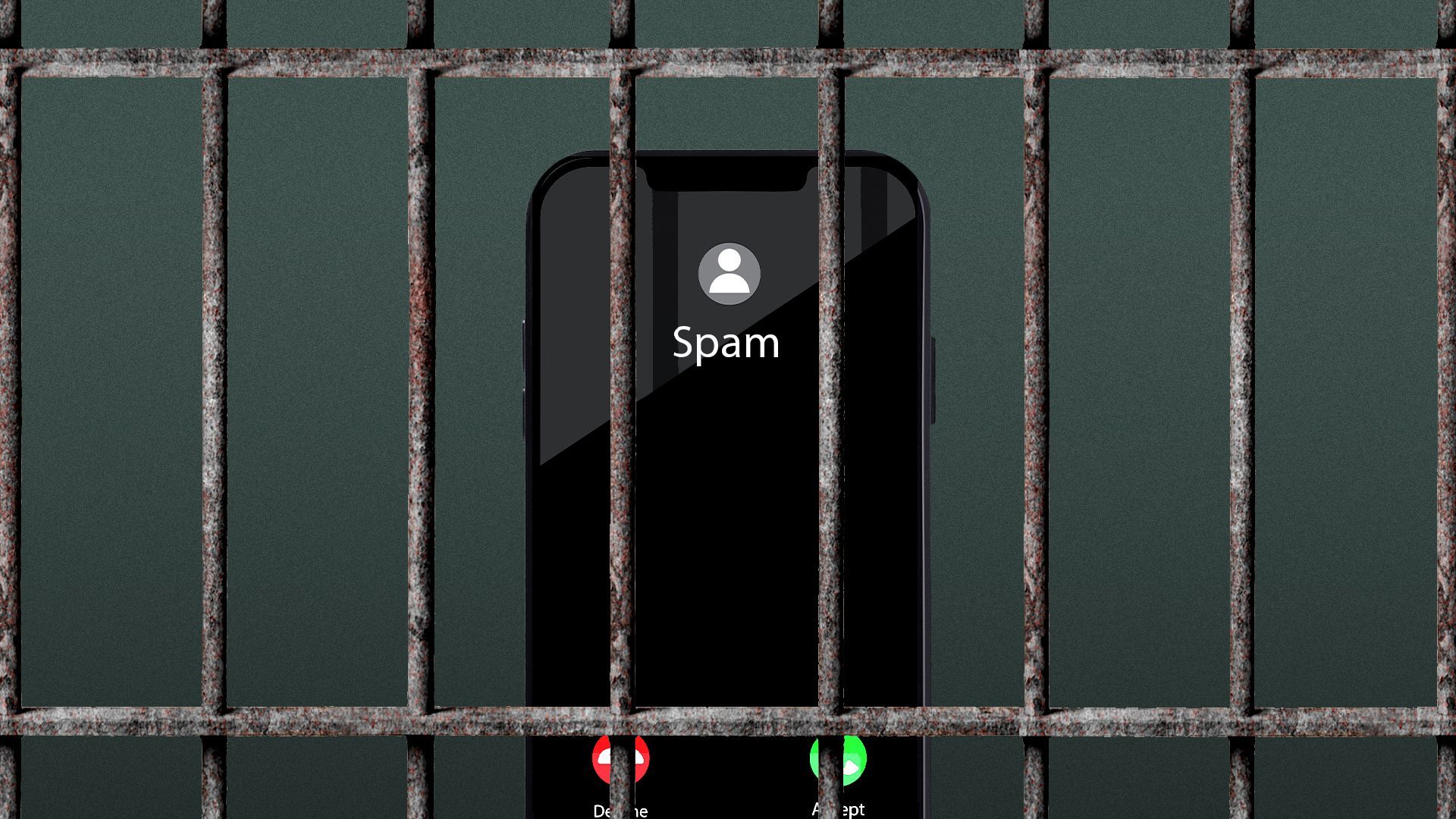 Illustration of an incoming call spam notification on a phone behind prison bars