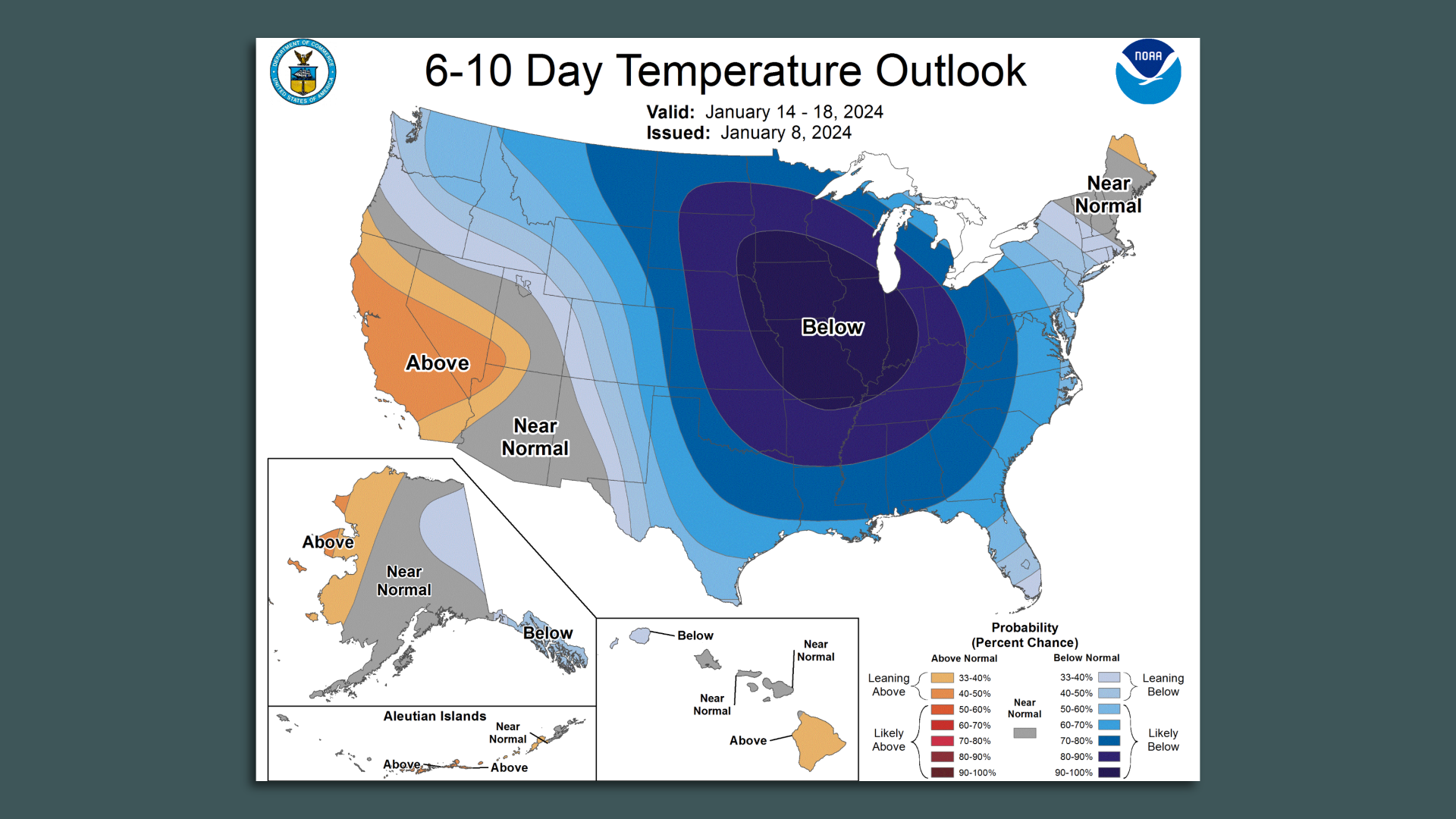 A map of the U.S. showing 6-10-day temperature forecasts with below normal averages for San Antonio and parts of Texas.