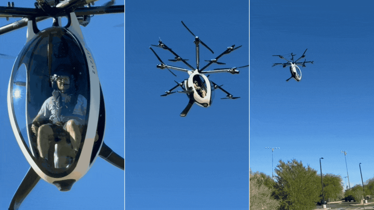 Triptych of images showing a person piloting a white single-passenger aircraft with many rotors, flying against a clear blue sky over a park with green trees and lampposts.