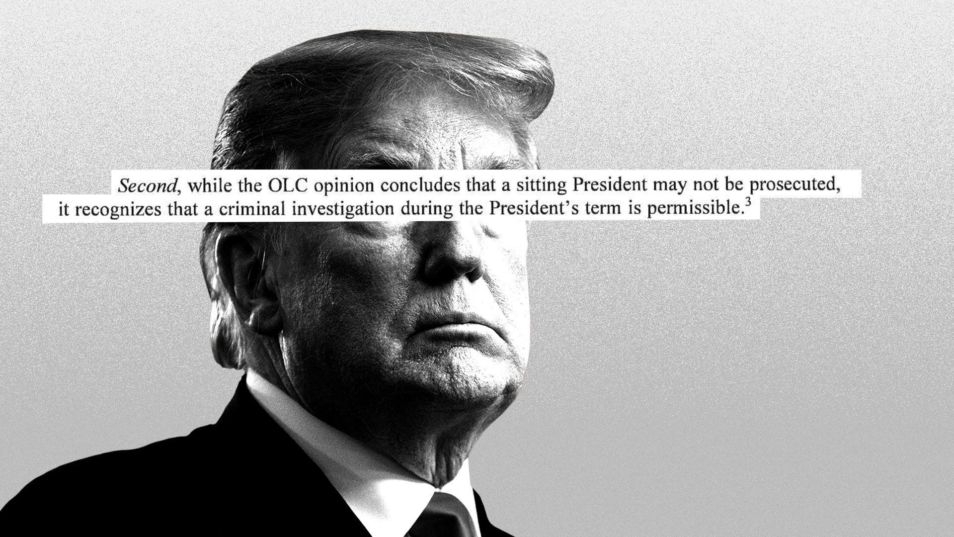 Illustration of President Trump with words from the Mueller report printed over his face