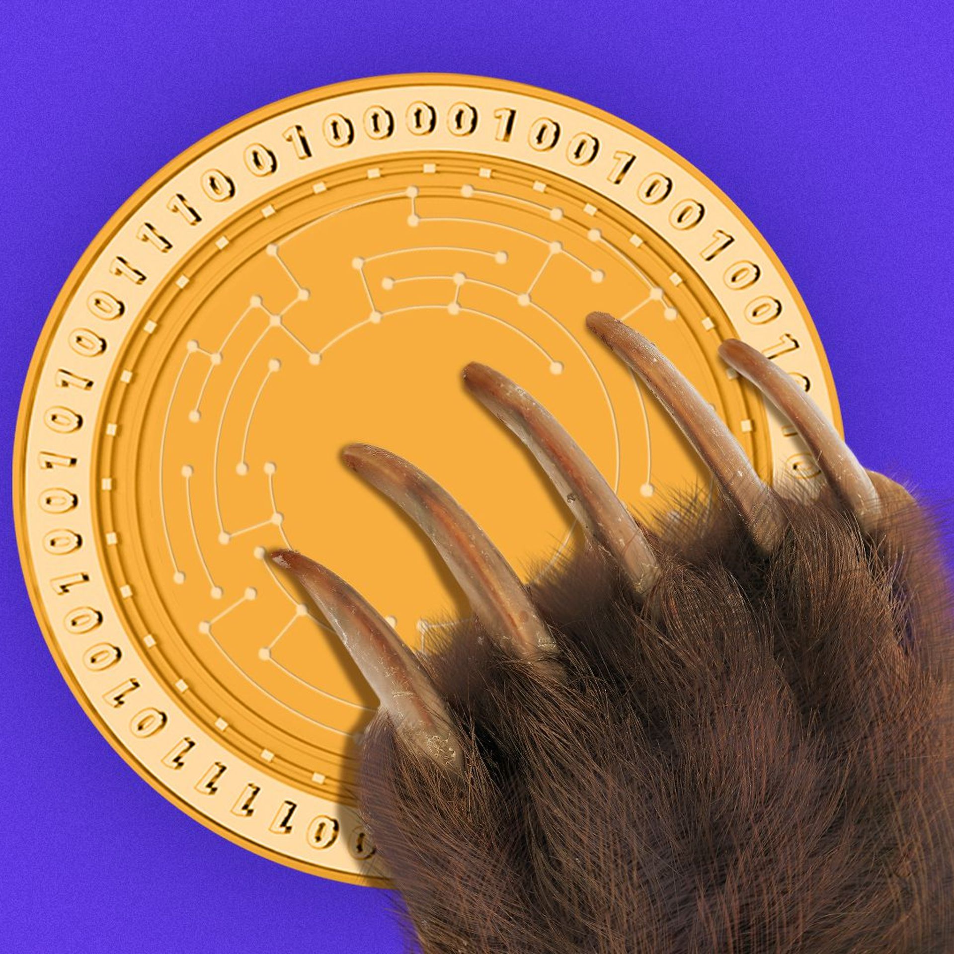 Illustration of a bear claw holding a crypto coin.