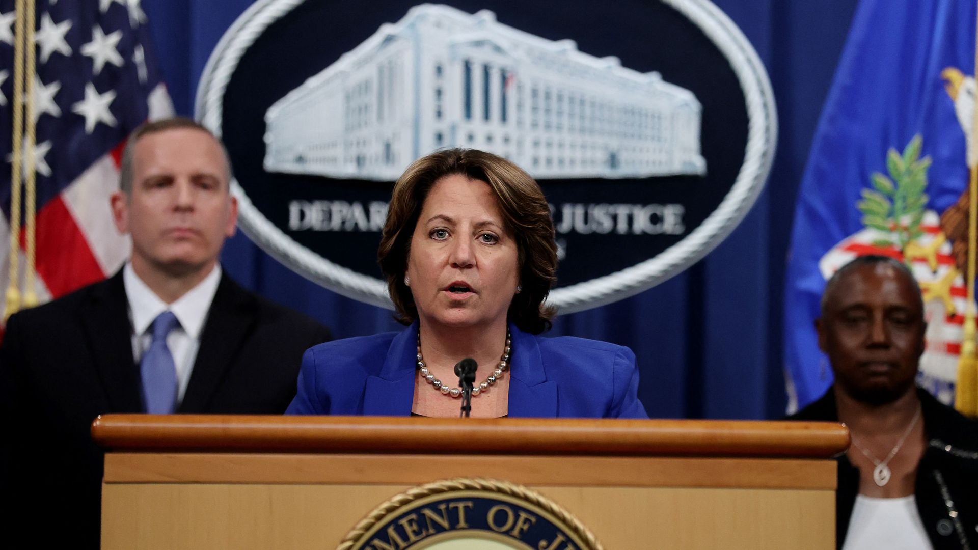 Deputy Attorney General Lisa Monaco is seen addressing a news conference about the Colonial Pipeline ransomware attack.