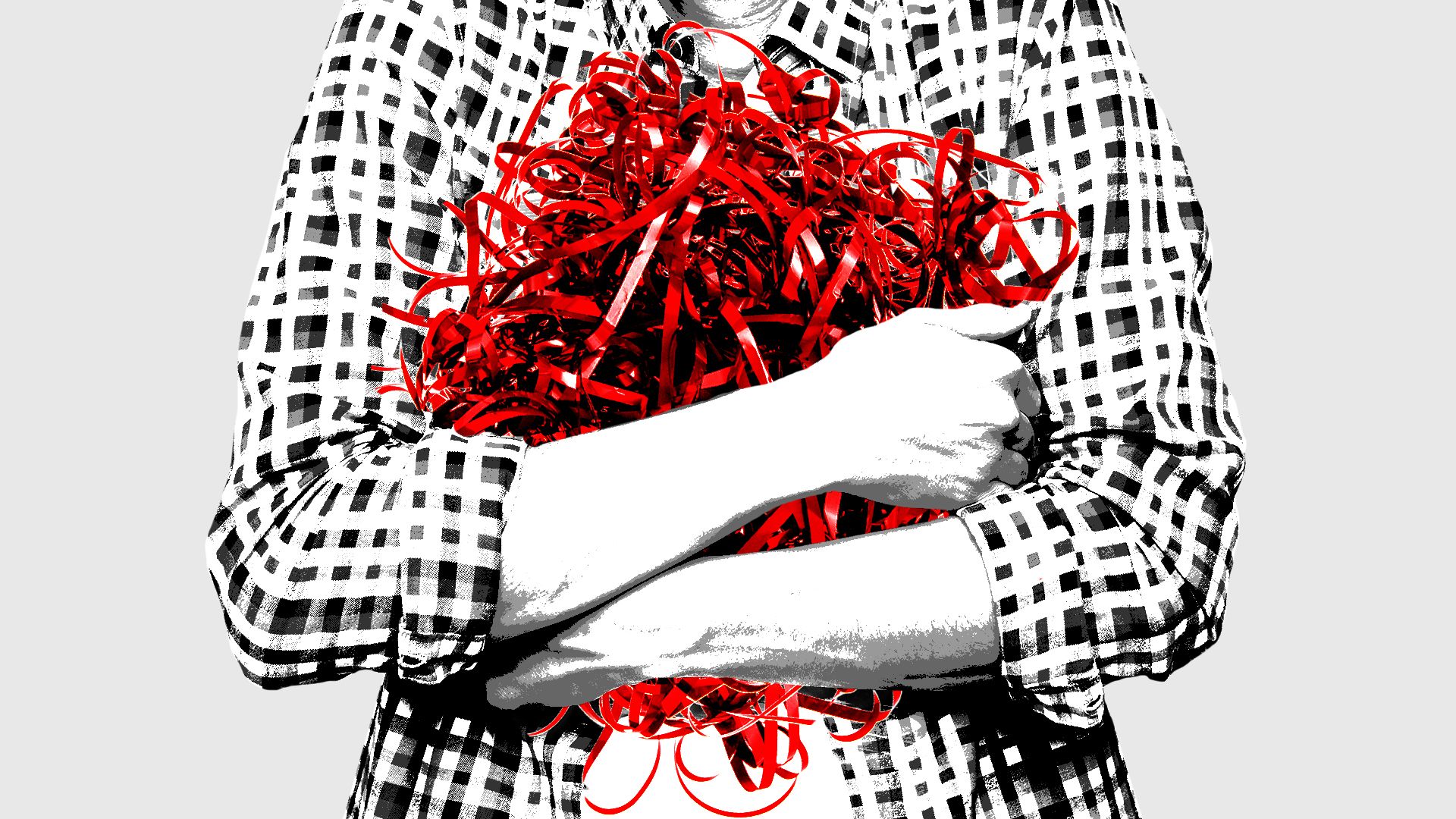 Illustration of a person holding a tangled ball of red tape
