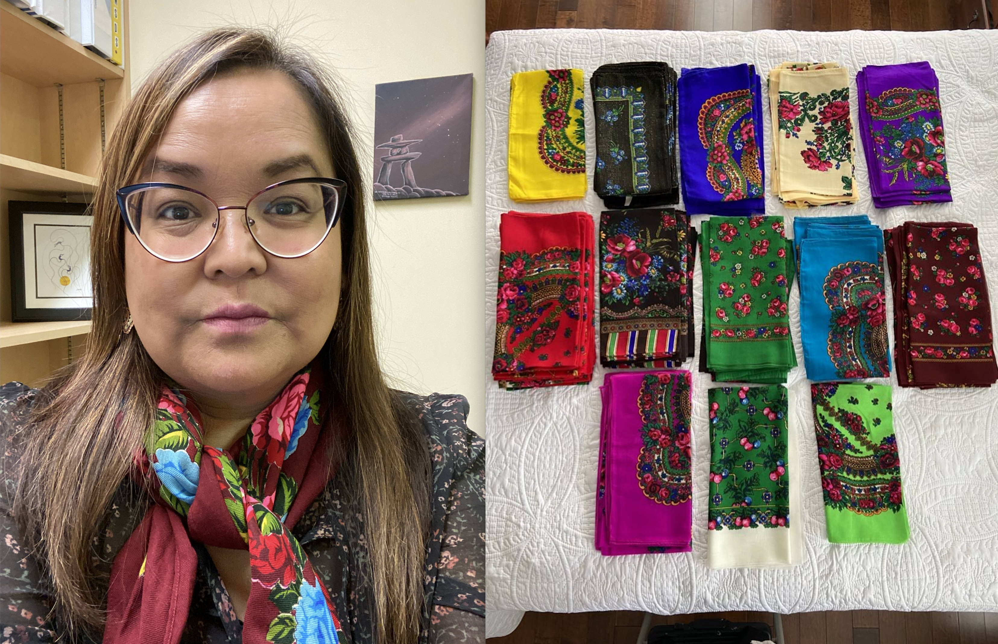 Tania Cameron wears a Ukrainian scarf in her office next to an image of other scarves. 