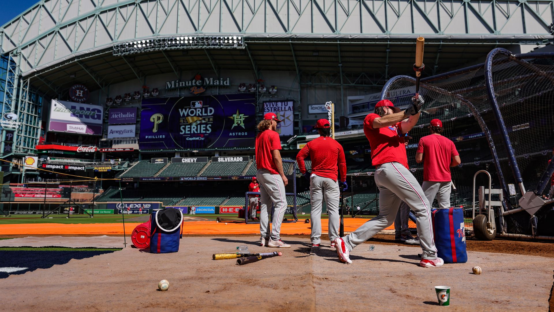 Brandon Marsh #16 of the Philadelphia Phillies participates in the World Series workout day at Minute Maid Park on October 27, 2022 in Houston, Texas.