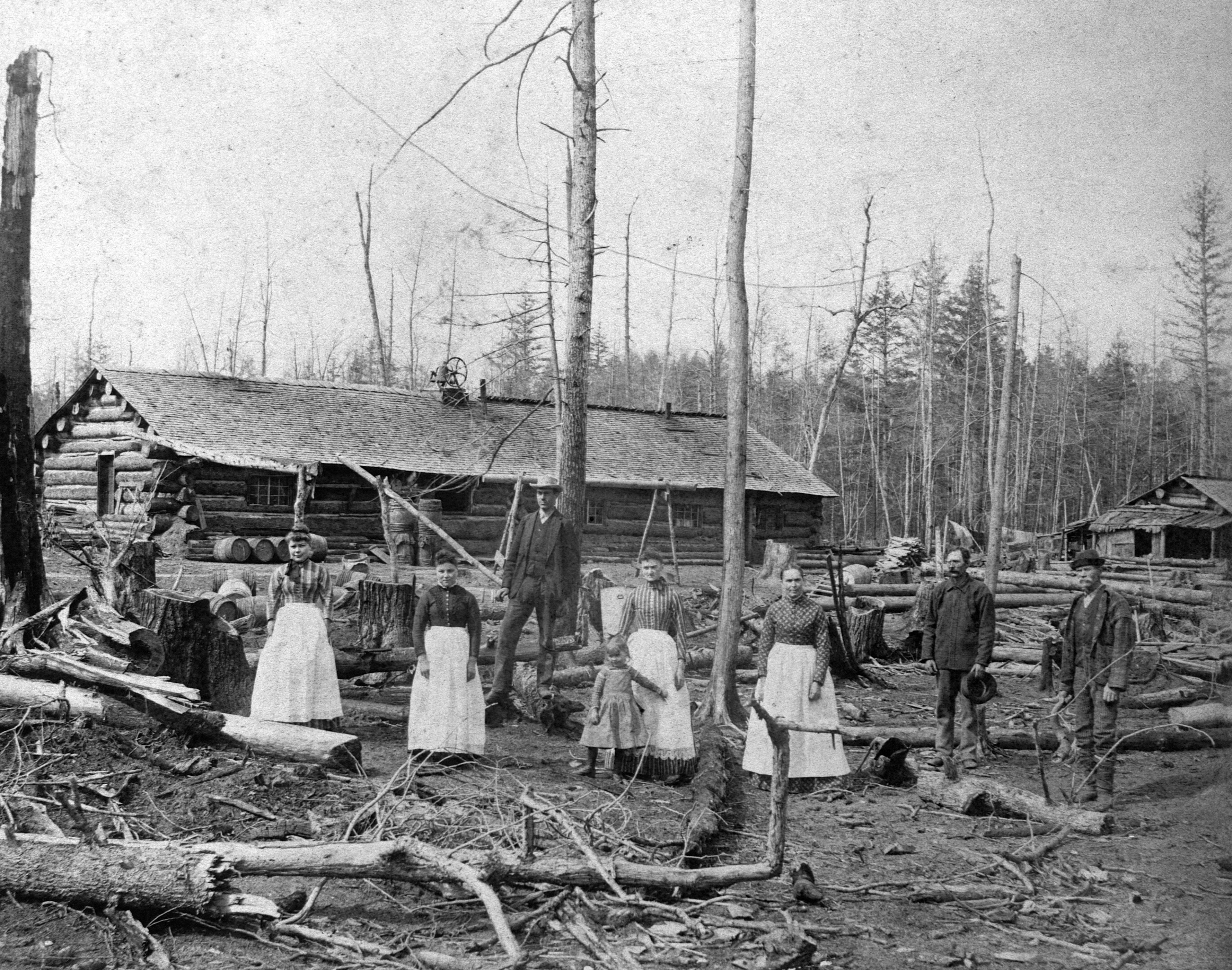 Black-and-white photograph of a log cabin in a cleared, barren forest. A group of men, women, and children stand in front among tall, leafless trees and scattered debris.