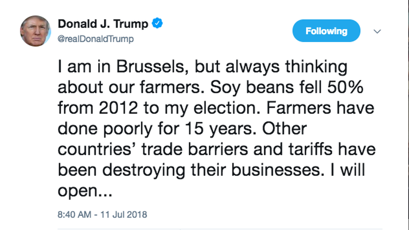 Trump tweets to reassure U.S. soybean farmers about China trade war