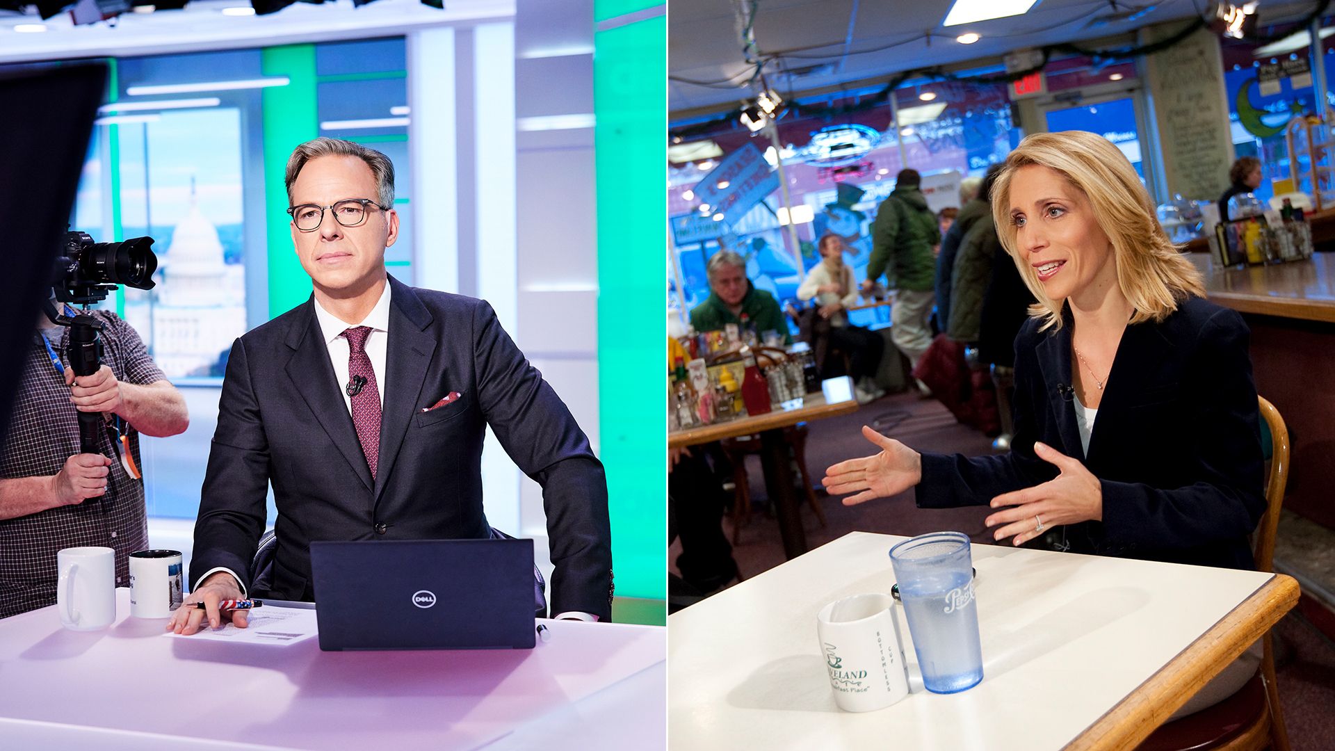 Jake Tapper on set (left) Dana Basher on right at Waveland Cafe