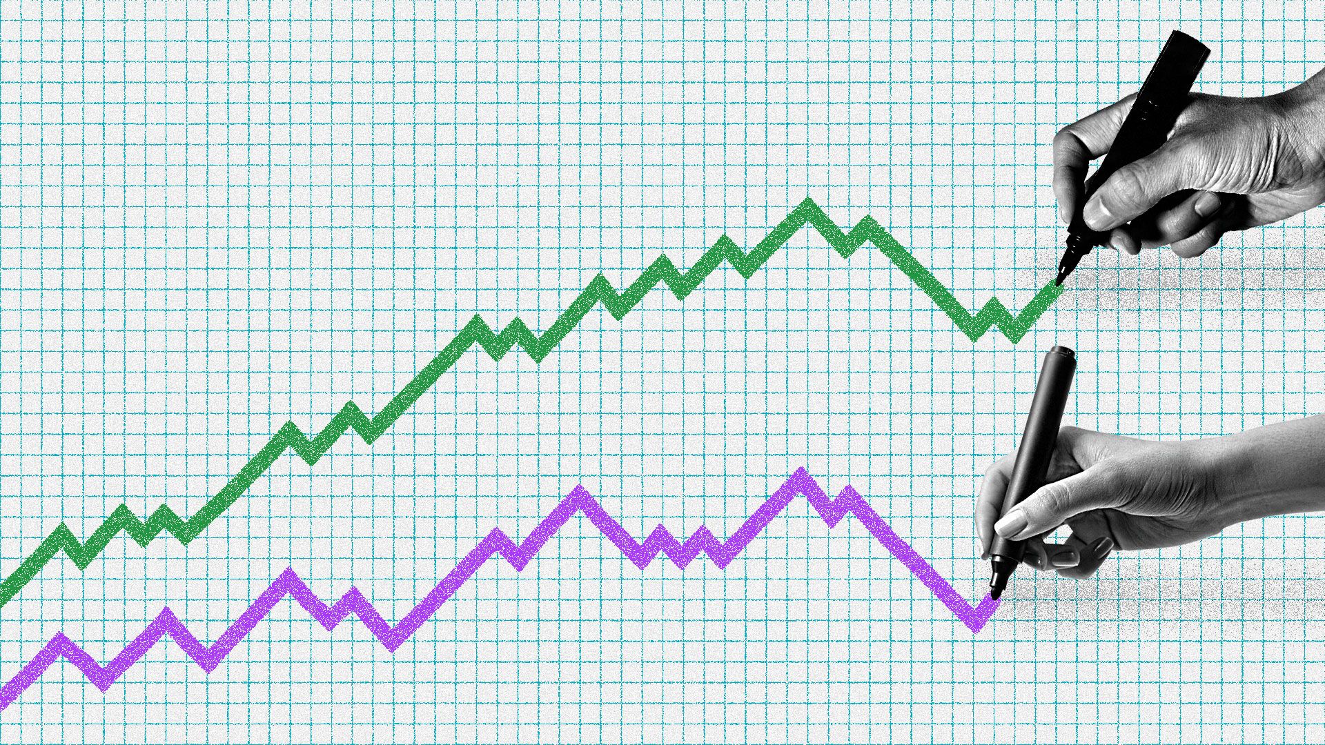 A man and woman drawing respective trend lines, with the woman's trend line being lower than the man's