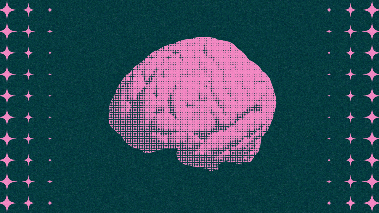 Animated illustration of a spinning brain rendered in a halftone pattern made of sparkle shapes. The sparkle shapes grow and shrink as the brain turns. 