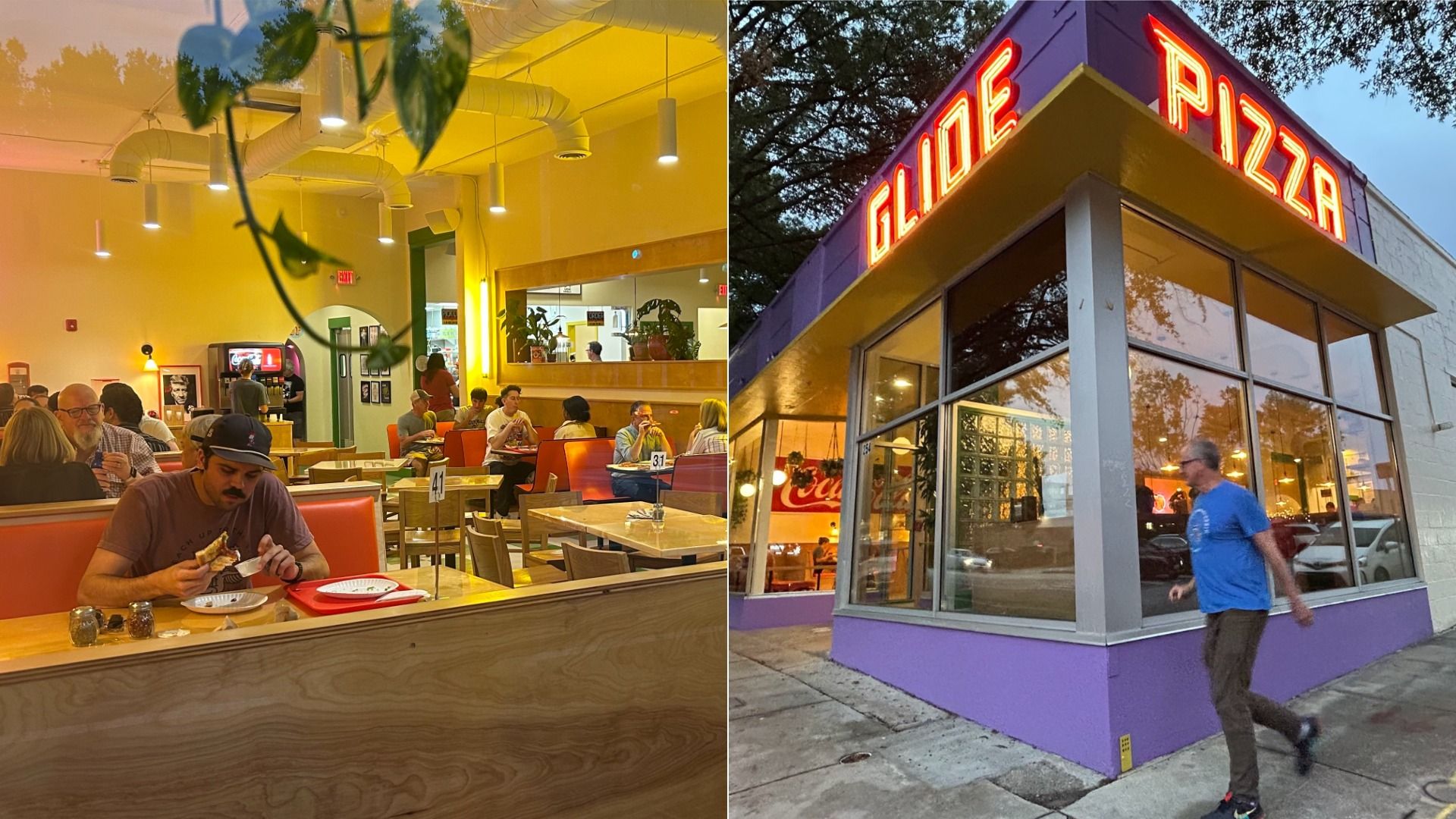Interior of a warm-lit pizzeria with people dining at wooden tables with orange seats. Exterior shows a purple building with large windows and a bright red neon sign reading "Glide Pizza."