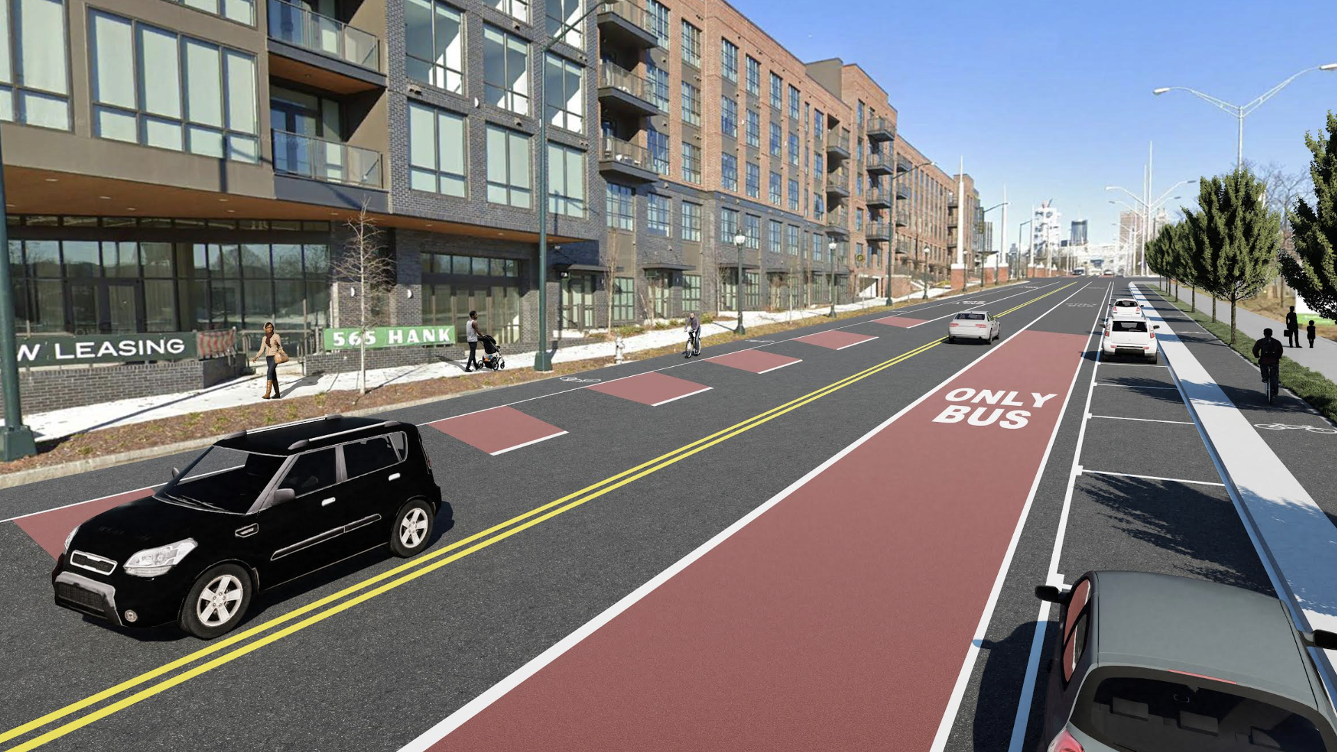 A rendering of an urban streetscape with a "bus only" lane painted red